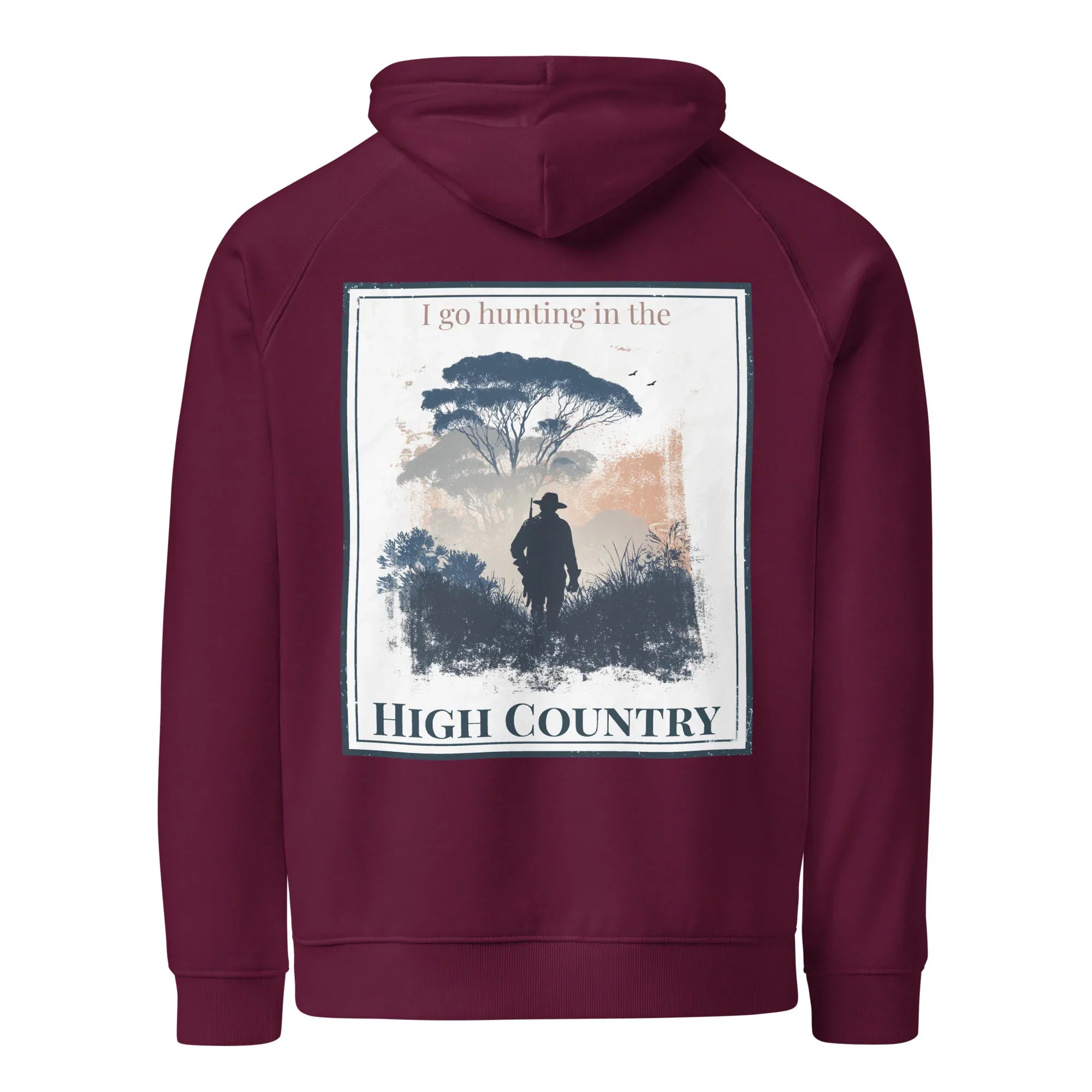 Burgundy eco hoodie, back view with hood, front pocket, and square hunting-themed graphic