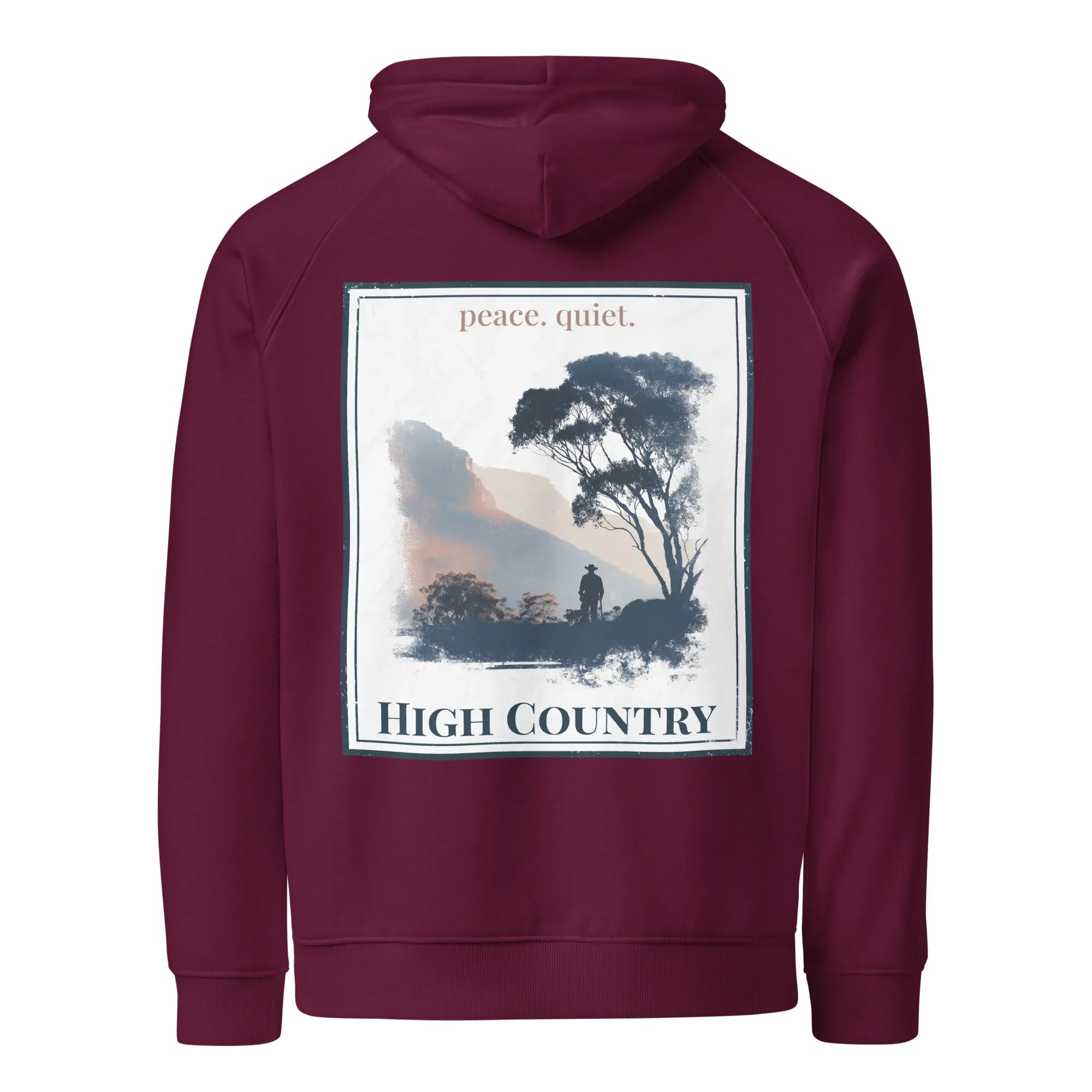 Burgundy hoodie with back graphic print, hooded sweatshirt style, framed landscape artwork.
