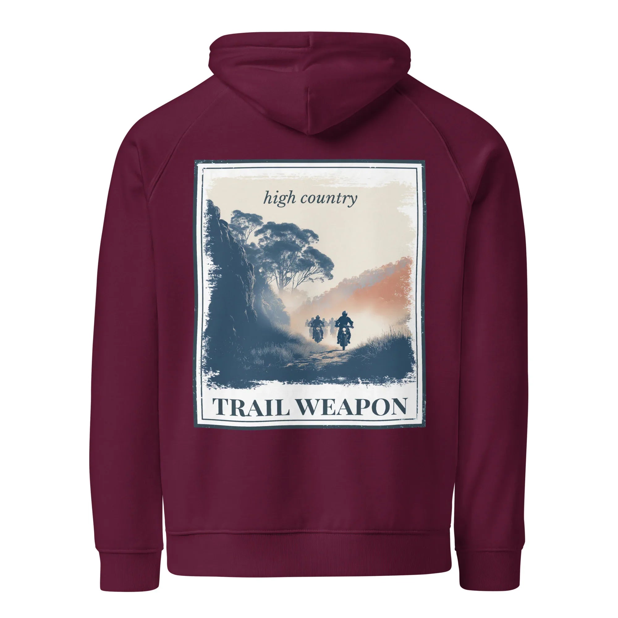 Eco hoodie in burgundy with hood and kangaroo pocket, large framed back landscape graphic