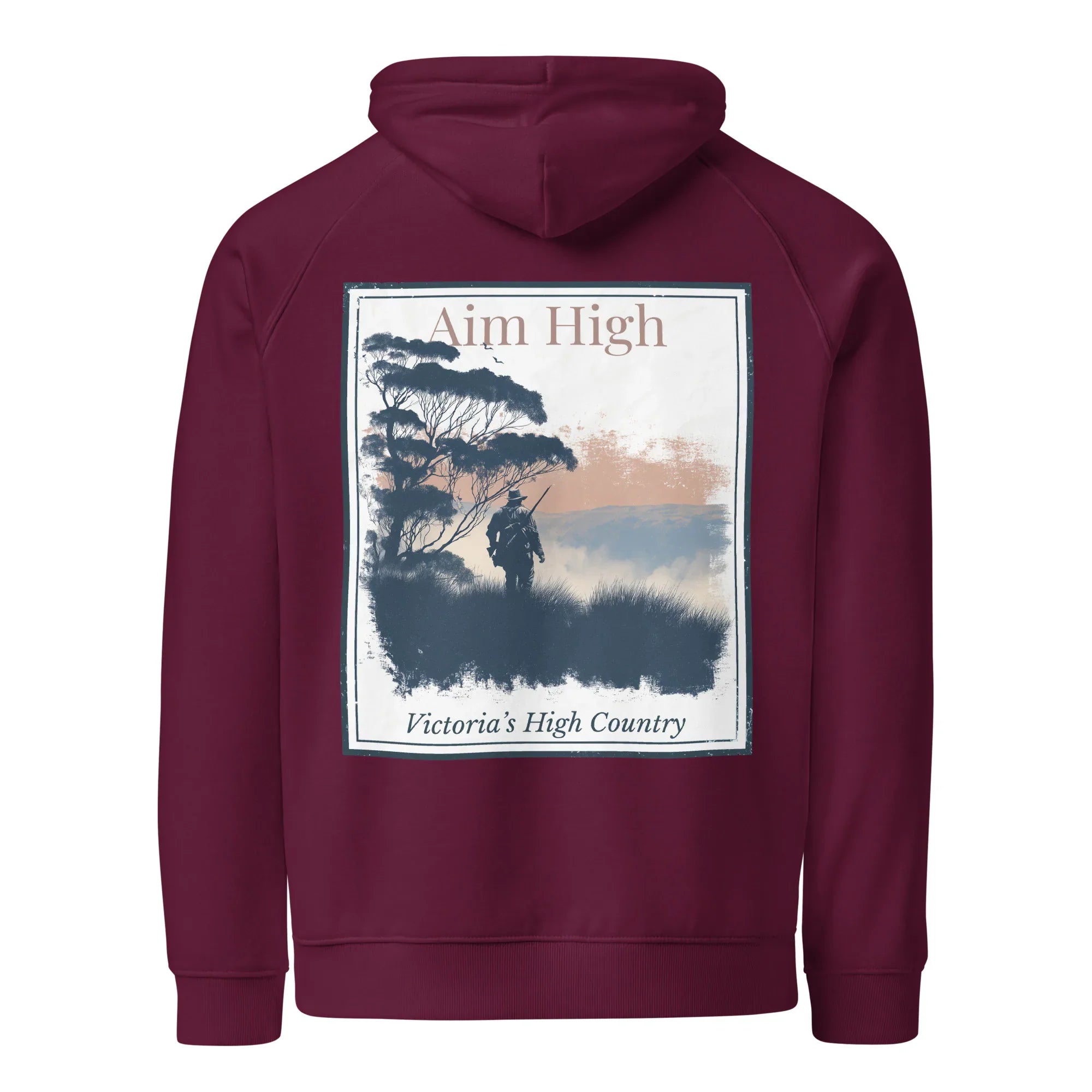 Burgundy eco hoodie with large back graphic panel and drawstring hood