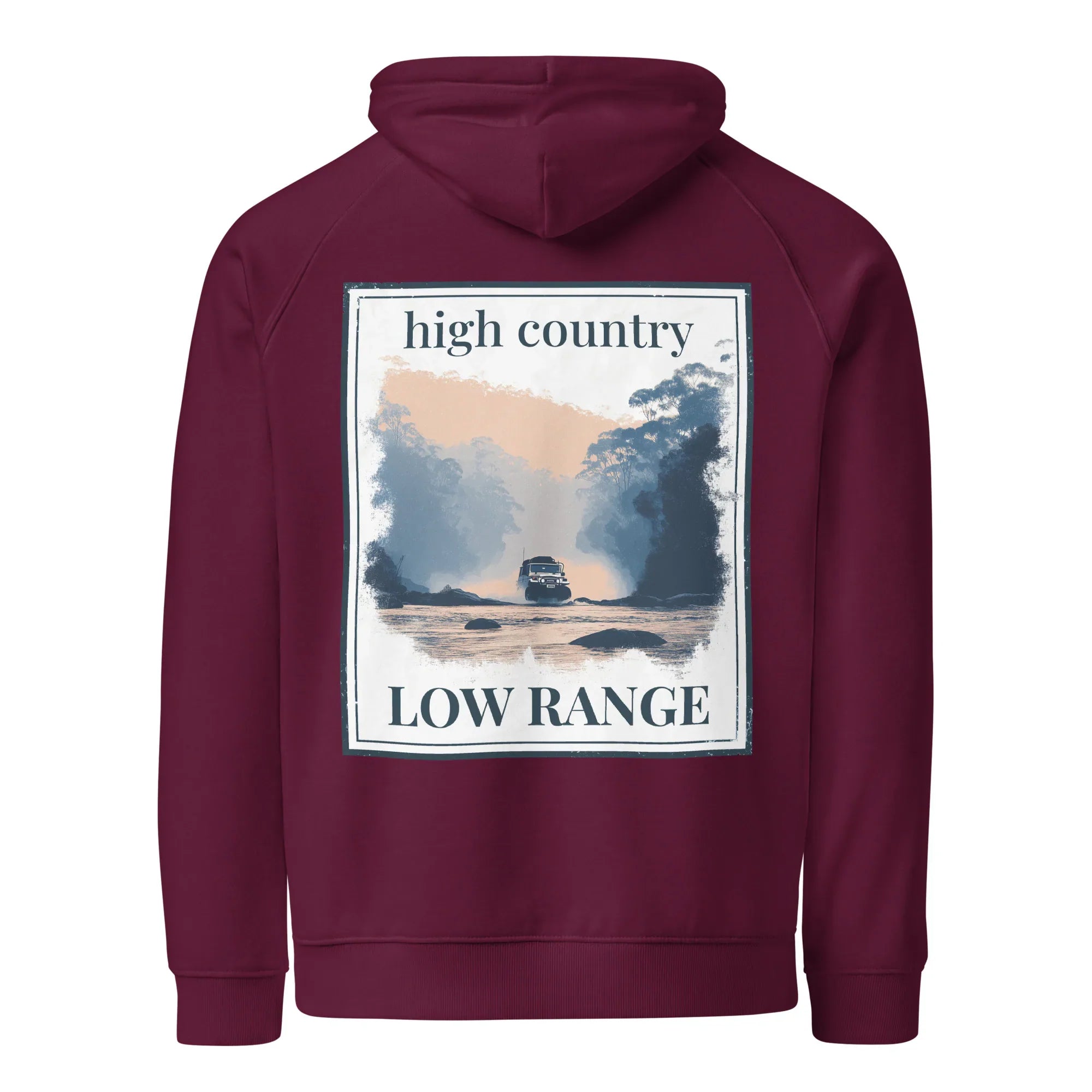 Burgundy eco hoodie with hood and large back graphic print panel
