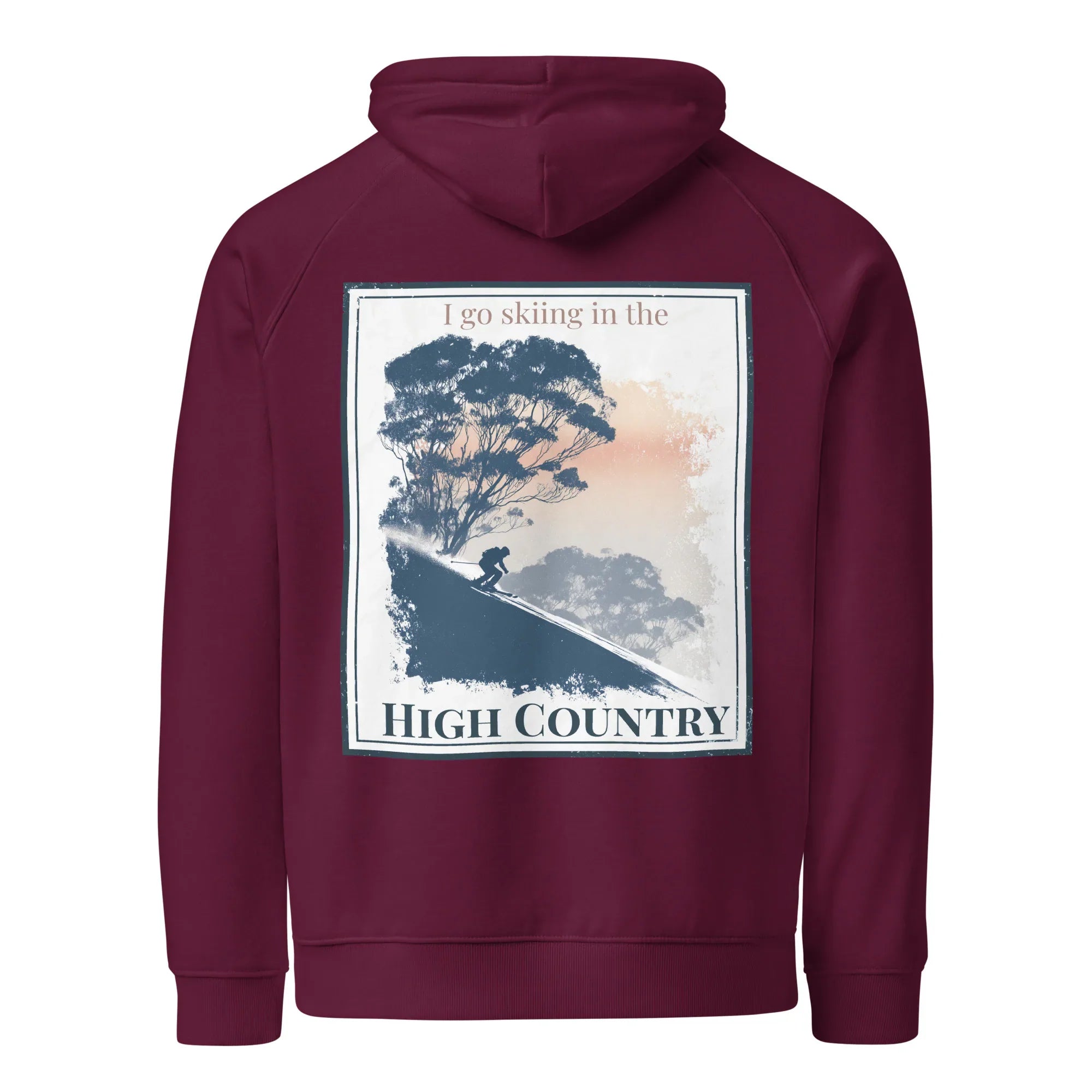 Burgundy pullover hoodie with hood and front pocket, with large back “High Country” graphic.