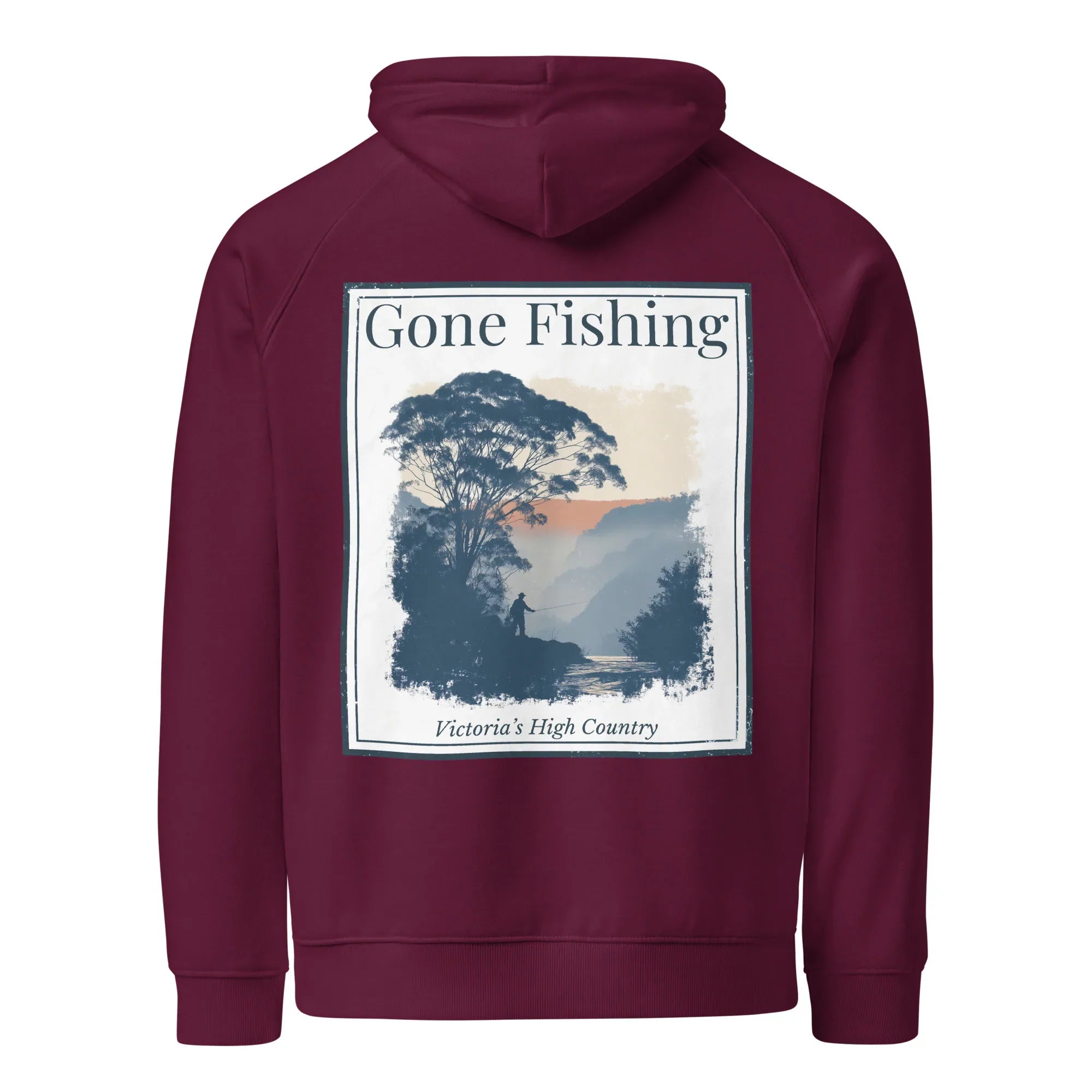 Eco hoodie in burgundy with large back “Gone Fishing” print and kangaroo pocket.