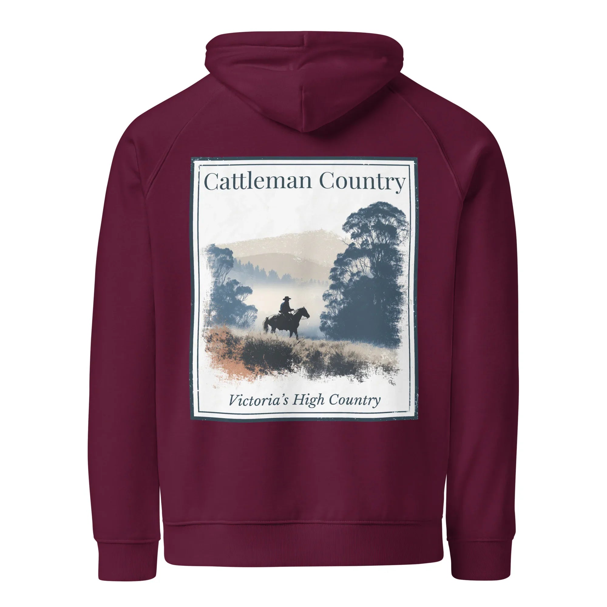 Burgundy eco hoodie with large back graphic print, hood, and kangaroo pocket