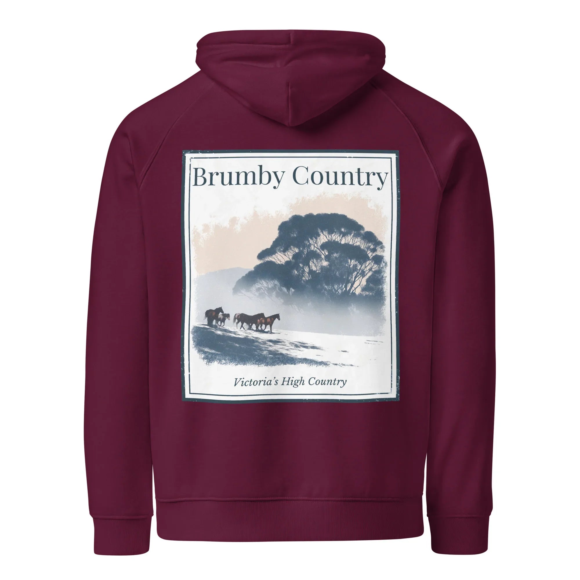 Burgundy eco hoodie with large back graphic print and Brumby Country text