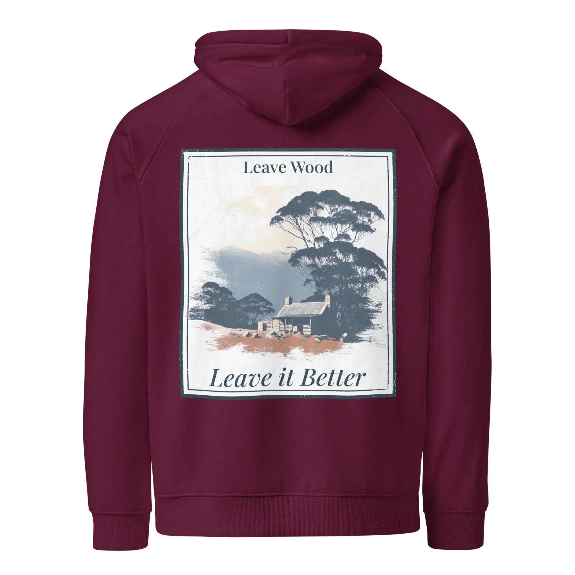 Burgundy pullover hoodie with hood and large back square graphic