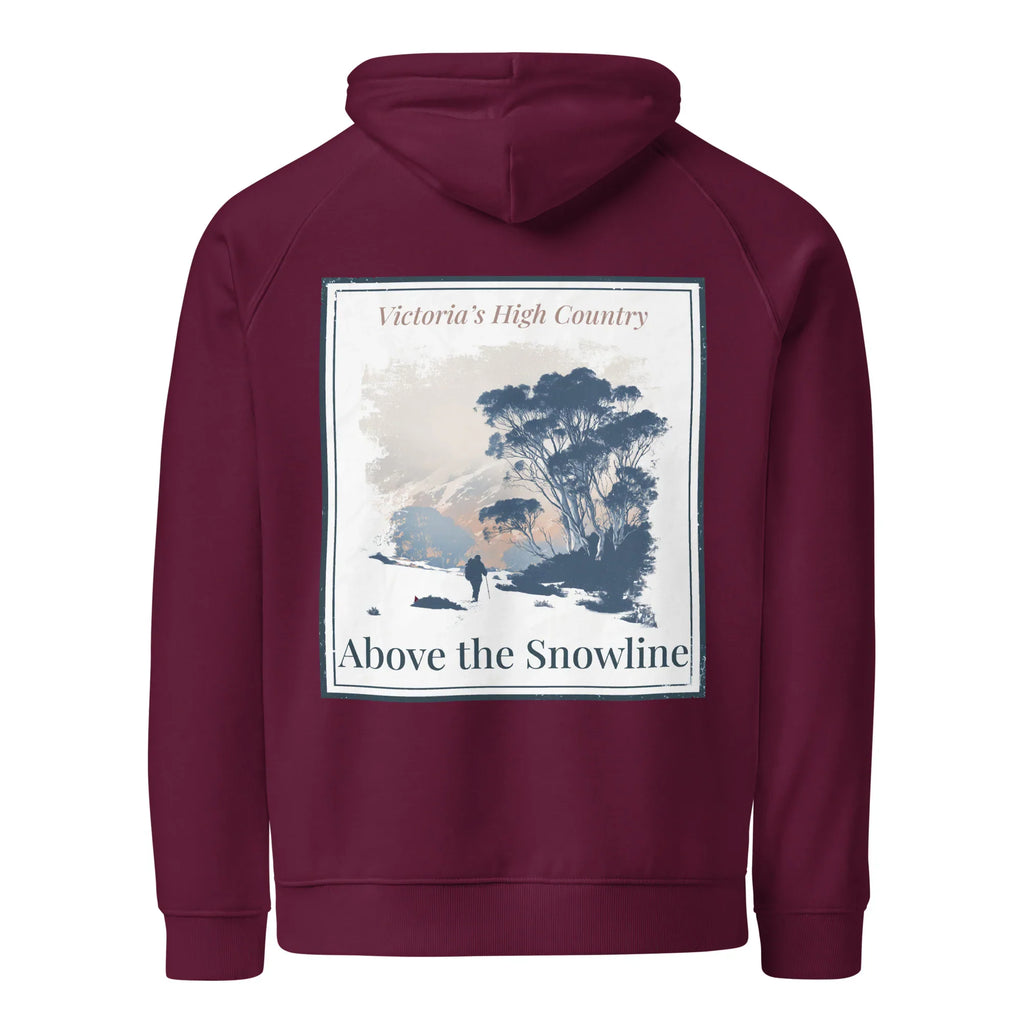 Eco hoodie, burgundy, front square graphic print with trees and text 'Above the Snowline'