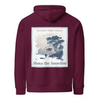 Eco hoodie, burgundy, front square graphic print with trees and text 'Above the Snowline'