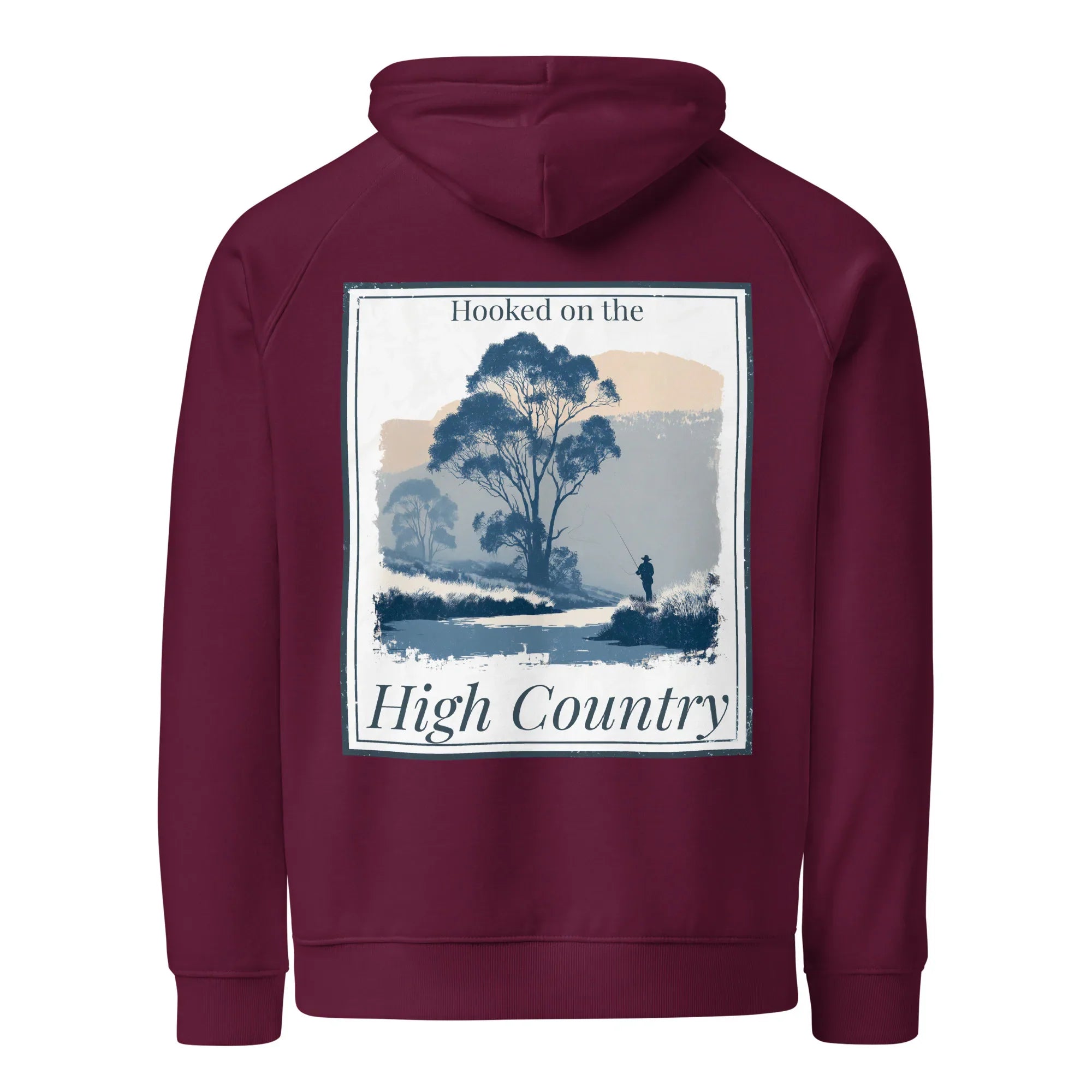 Burgundy hoodie with hood and large back “High Country” graphic