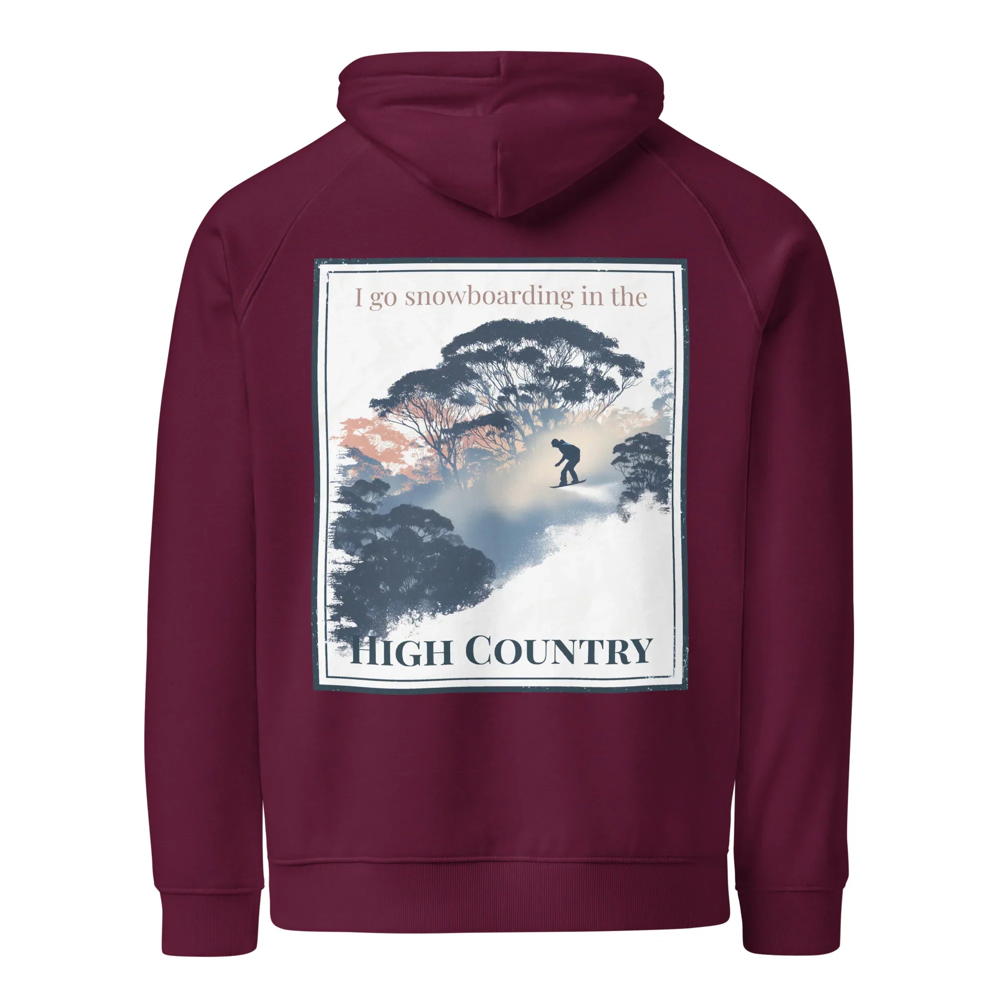 Burgundy eco hoodie, back view with centered graphic and hood