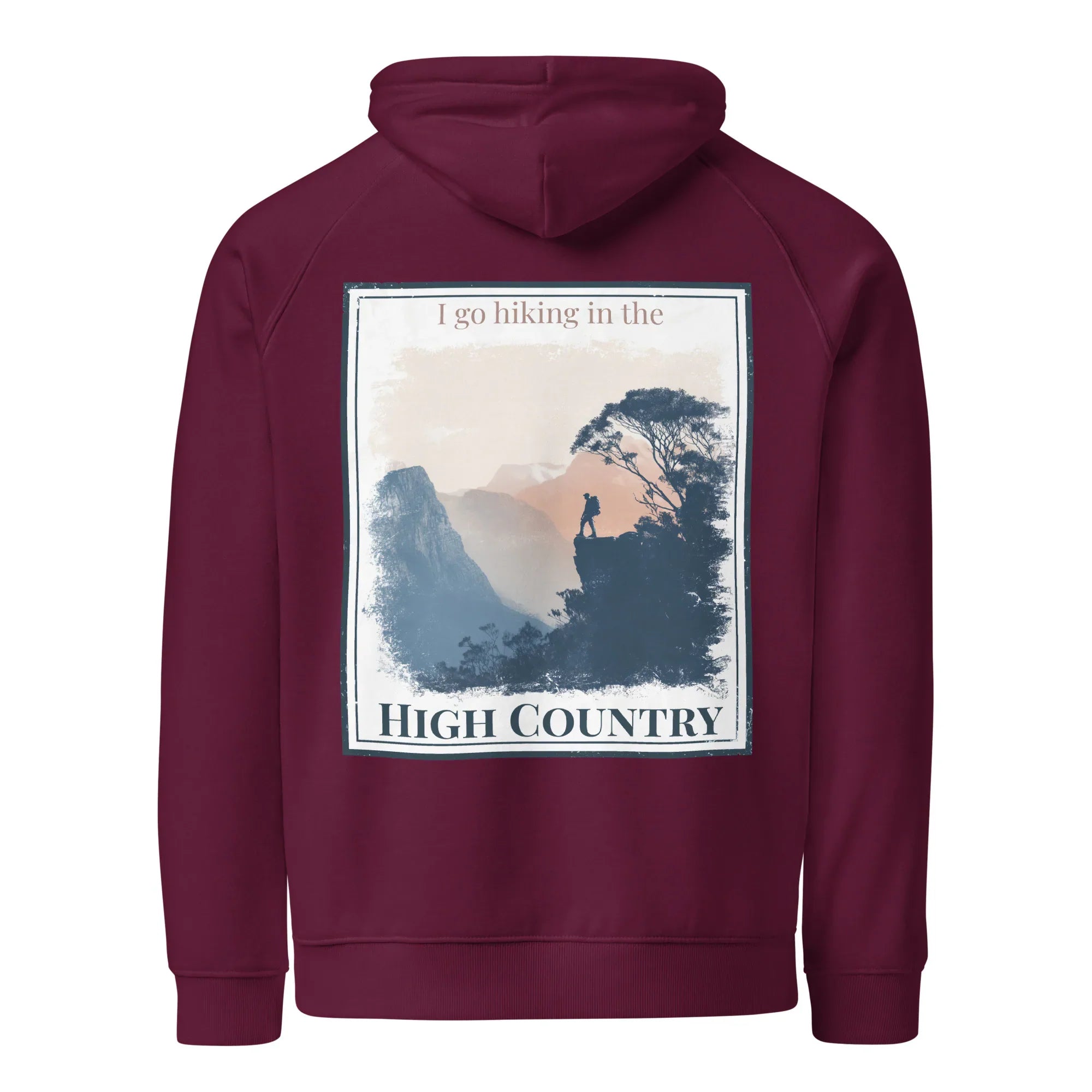 Burgundy hoodie with large back graphic print and hood drawstring