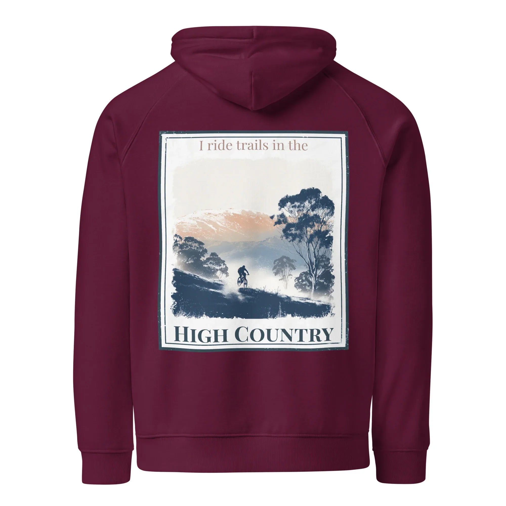 Burgundy hoodie, back view, with square scenic graphic and “High Country” text