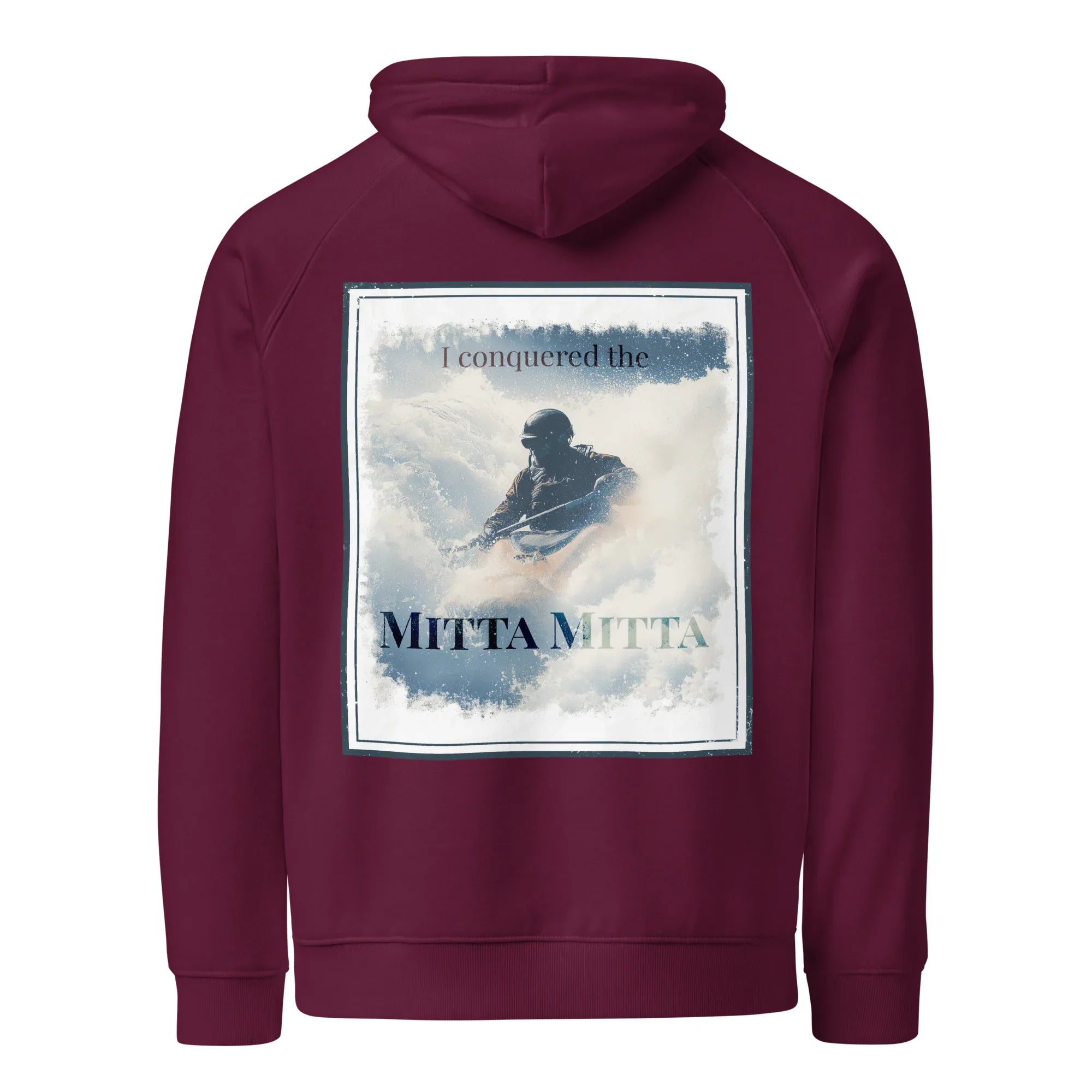 Burgundy hoodie with front center square scenic graphic and drawstring hood