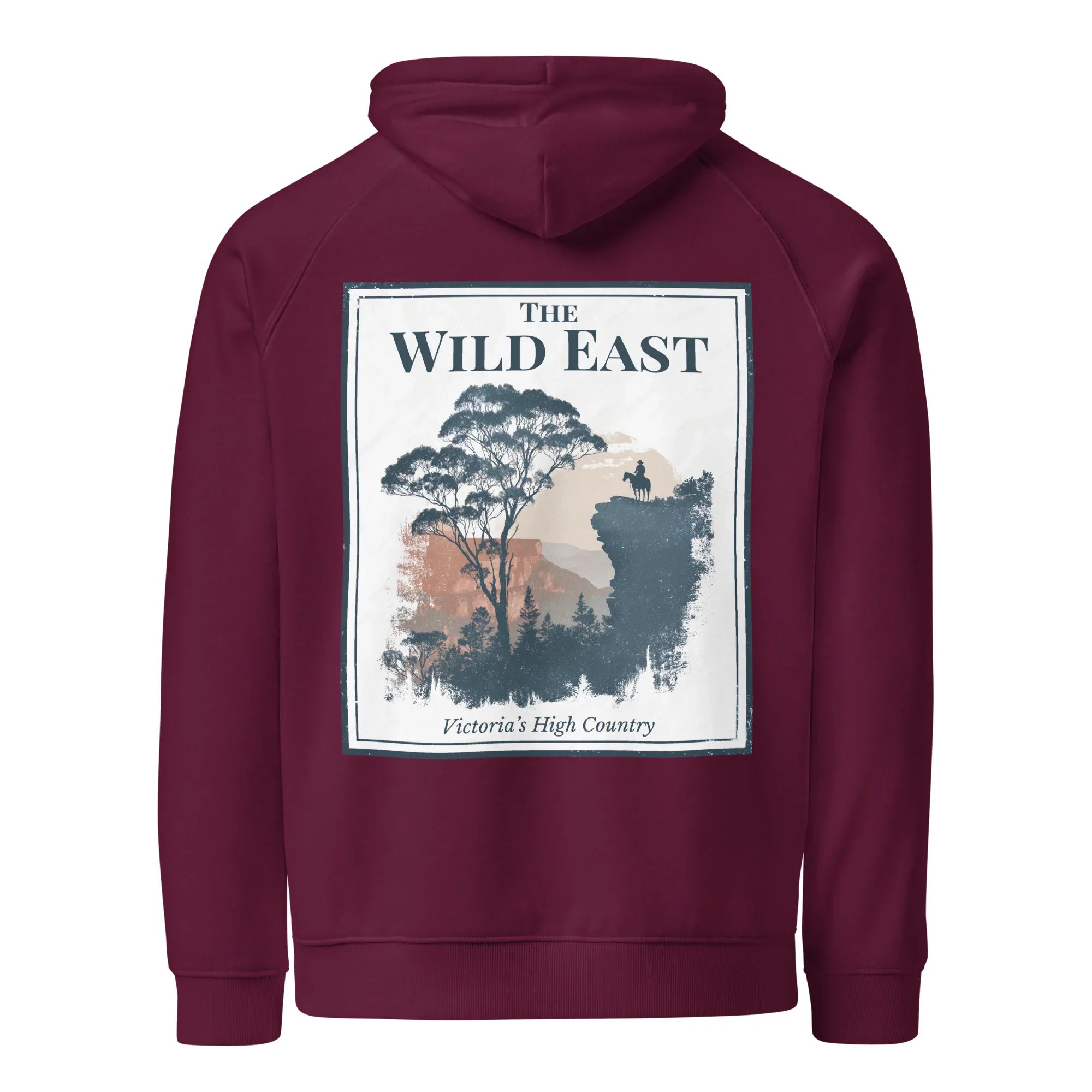 Burgundy eco hoodie with large square Wild East back graphic and trees print