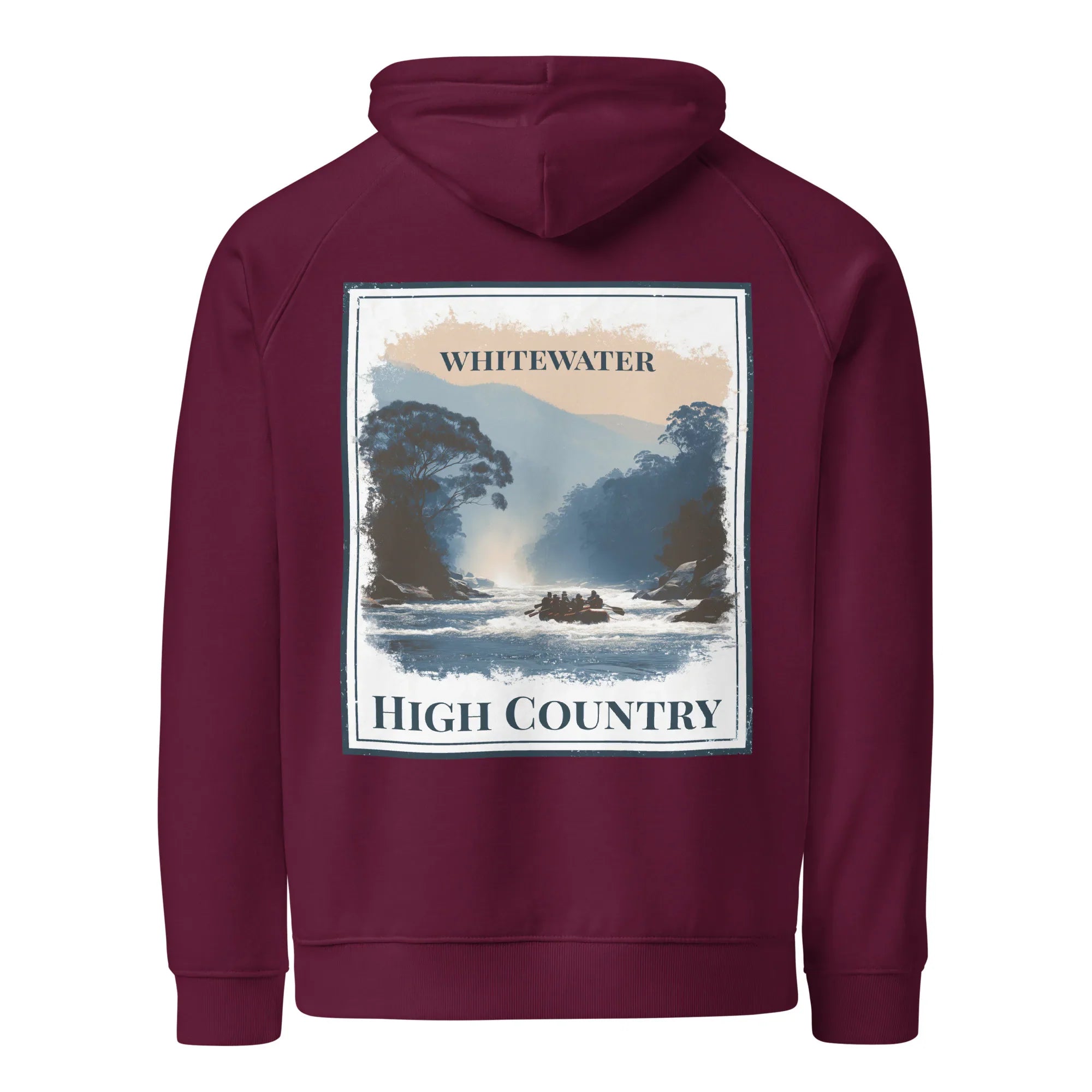 Eco hoodie in burgundy, back view, with “WHITEWATER” and “HIGH COUNTRY” graphic