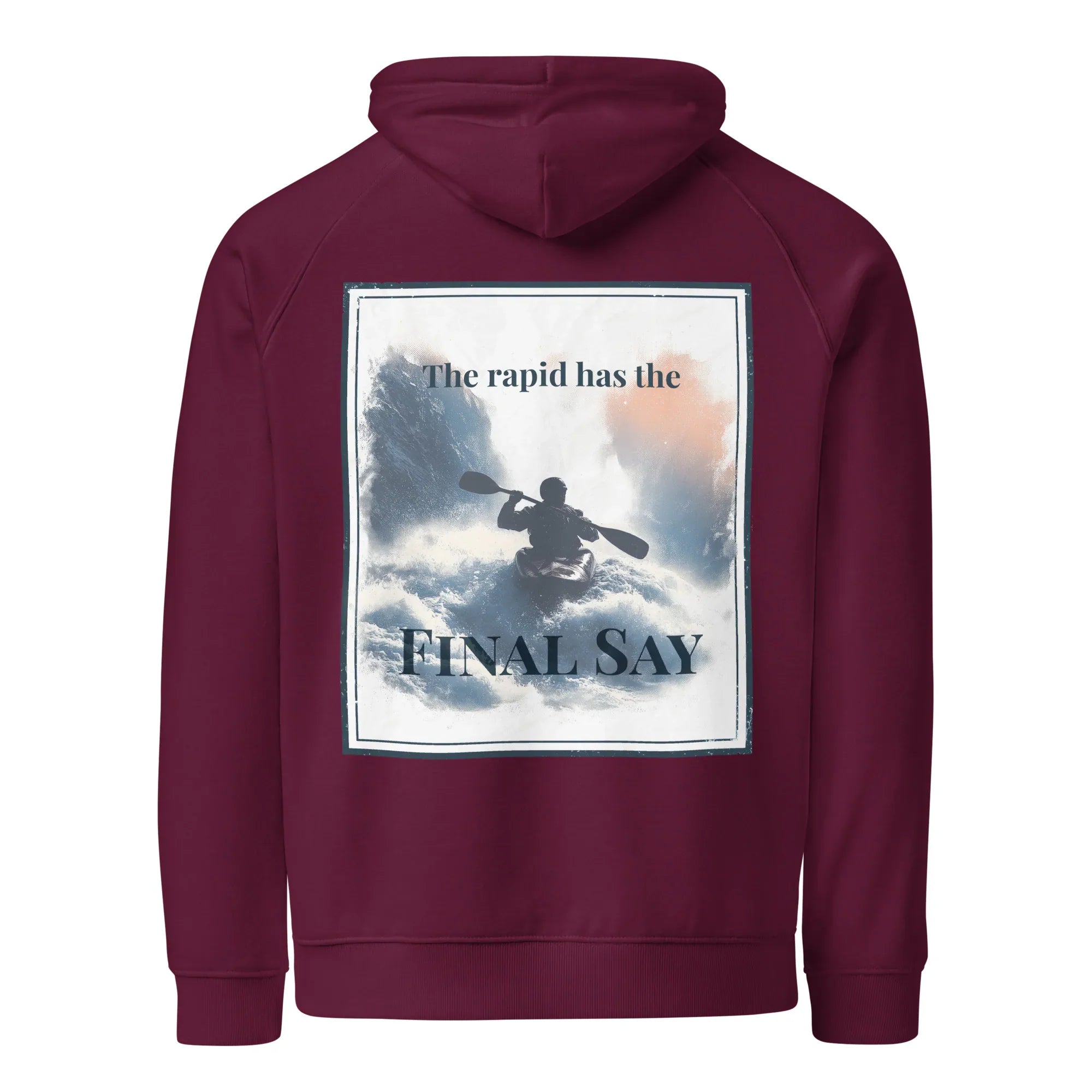 Burgundy eco hoodie with hood, kangaroo pocket, and back graphic print