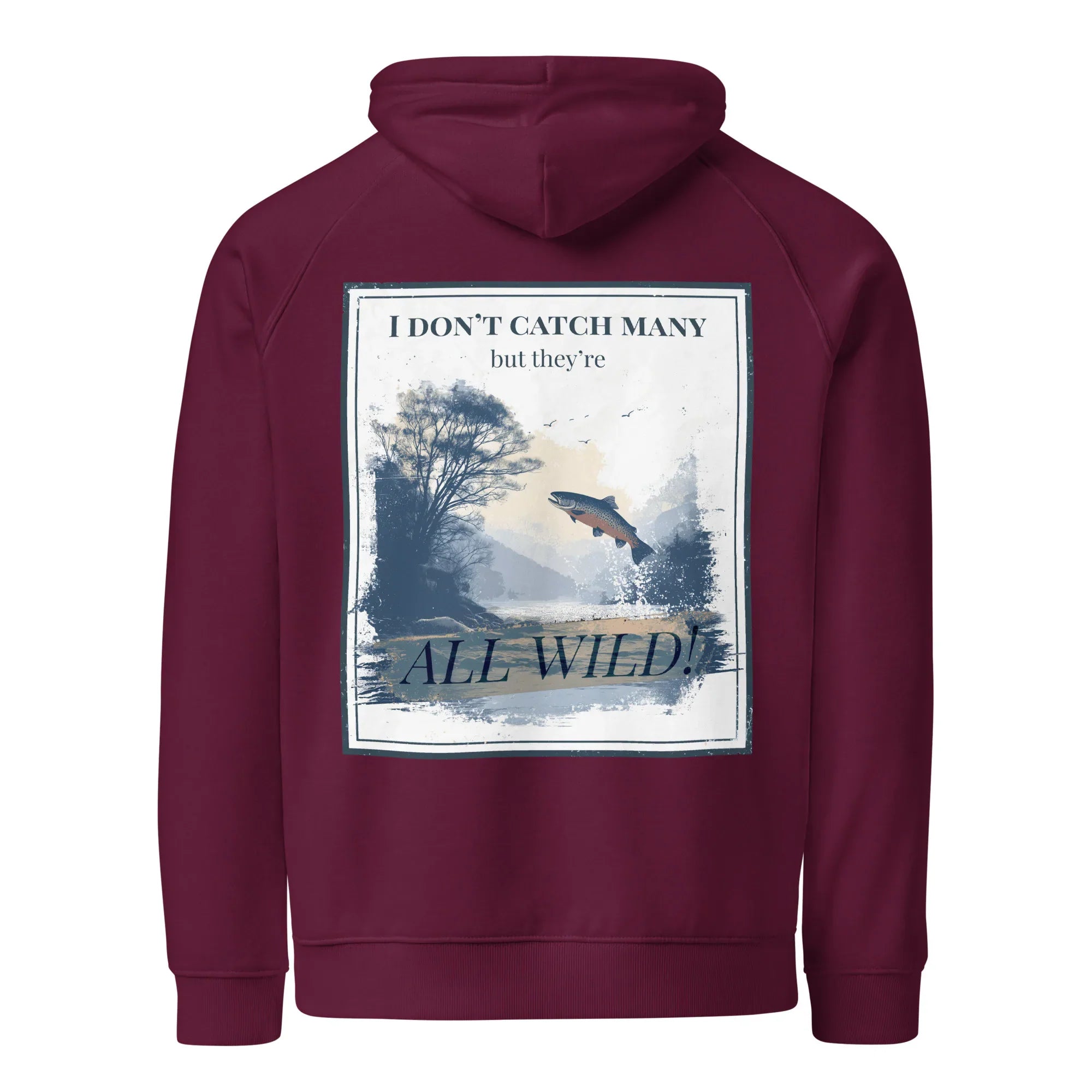 Burgundy hoodie with large back rectangular nature graphic and hood