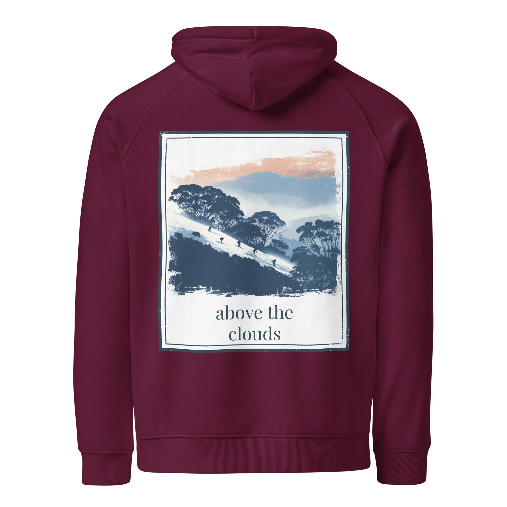 Burgundy hoodie with hood and large back square graphic print, 'above the clouds'.