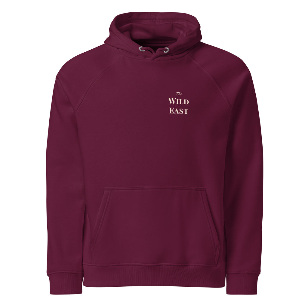Burgundy hoodie with chest text "The Wild East" and front kangaroo pocket