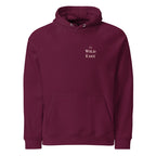 Burgundy Eco hoodie with small “The Wild East” front text