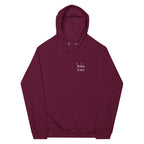 Burgundy zip-up hoodie with hood, drawstrings, front kangaroo pocket, 'Wild East' logo.
