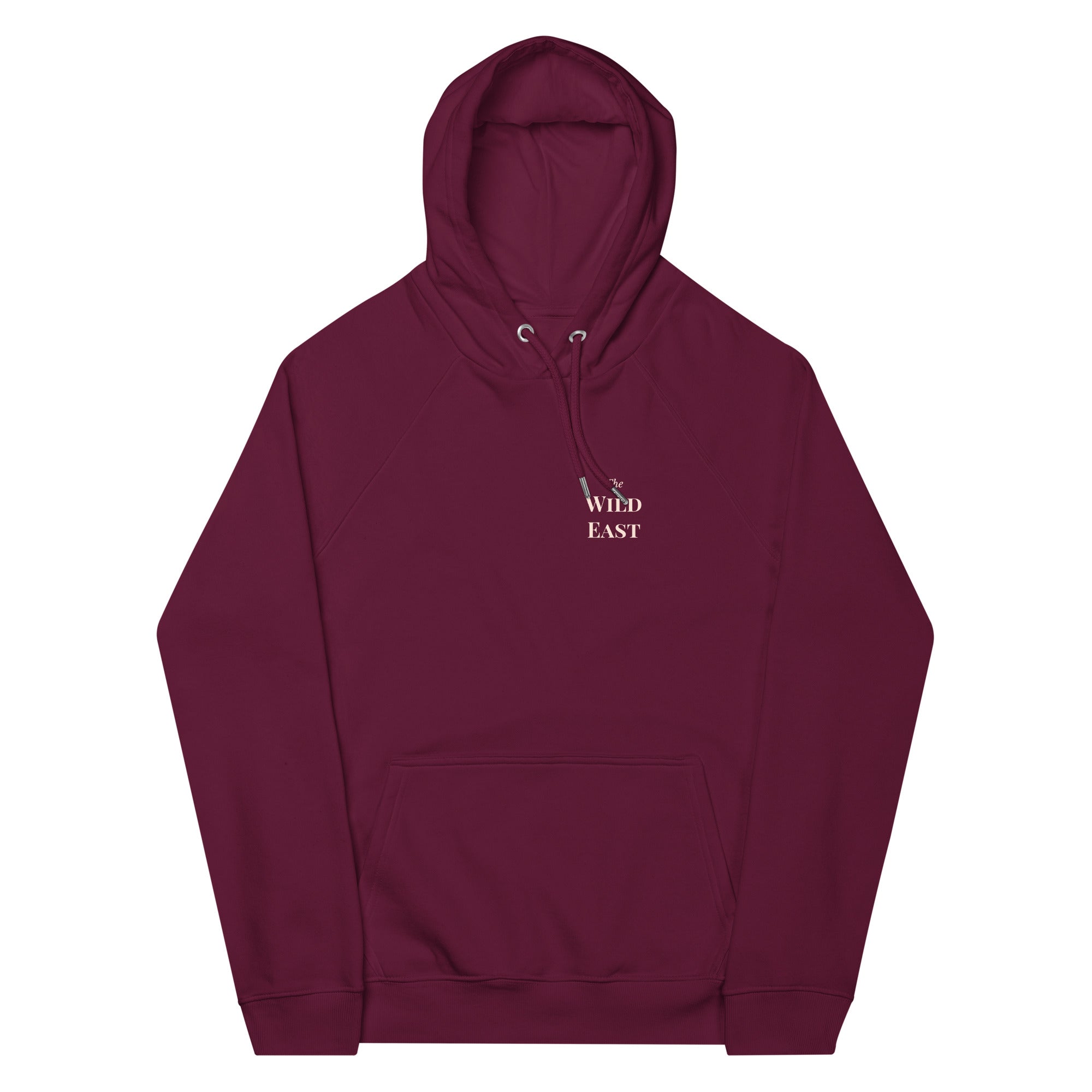 Burgundy zip-up hoodie with hood, drawstrings, front kangaroo pocket, 'Wild East' logo.