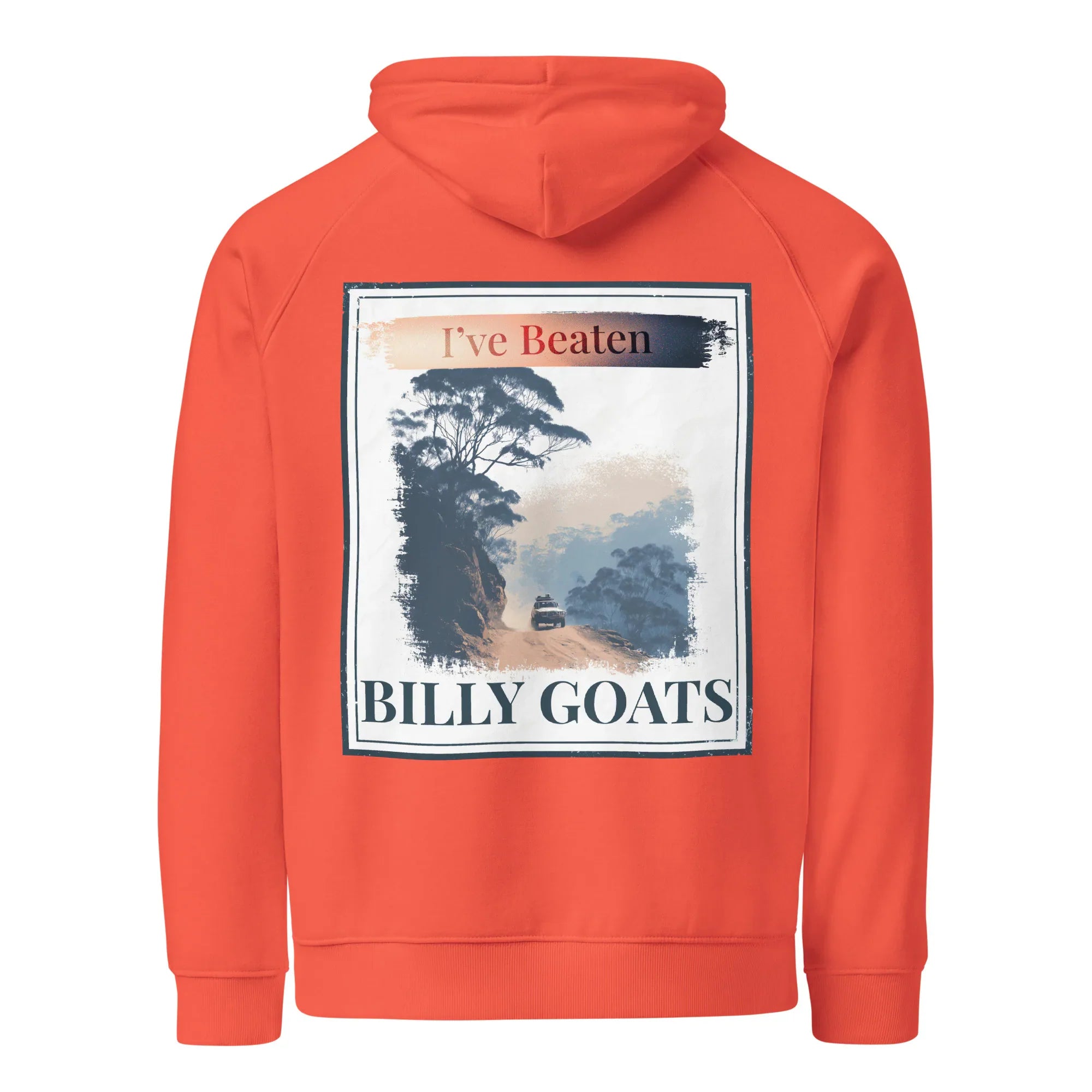 Burnt orange eco hoodie with hood and large back graphic, “BILLY GOATS” text