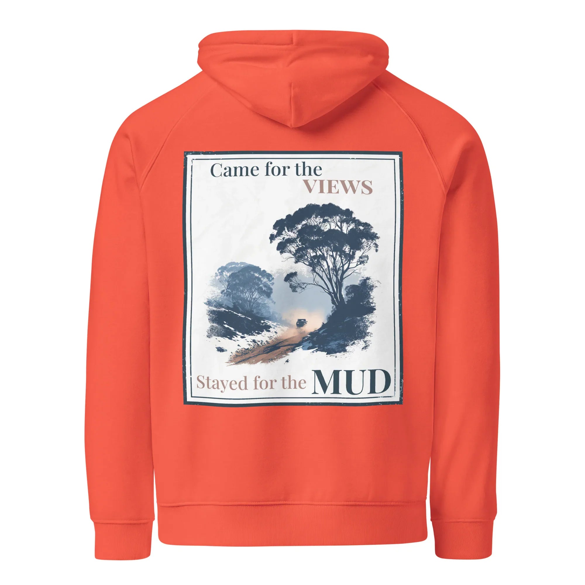 Burnt orange hoodie with back graphic panel print, hood, and kangaroo pocket