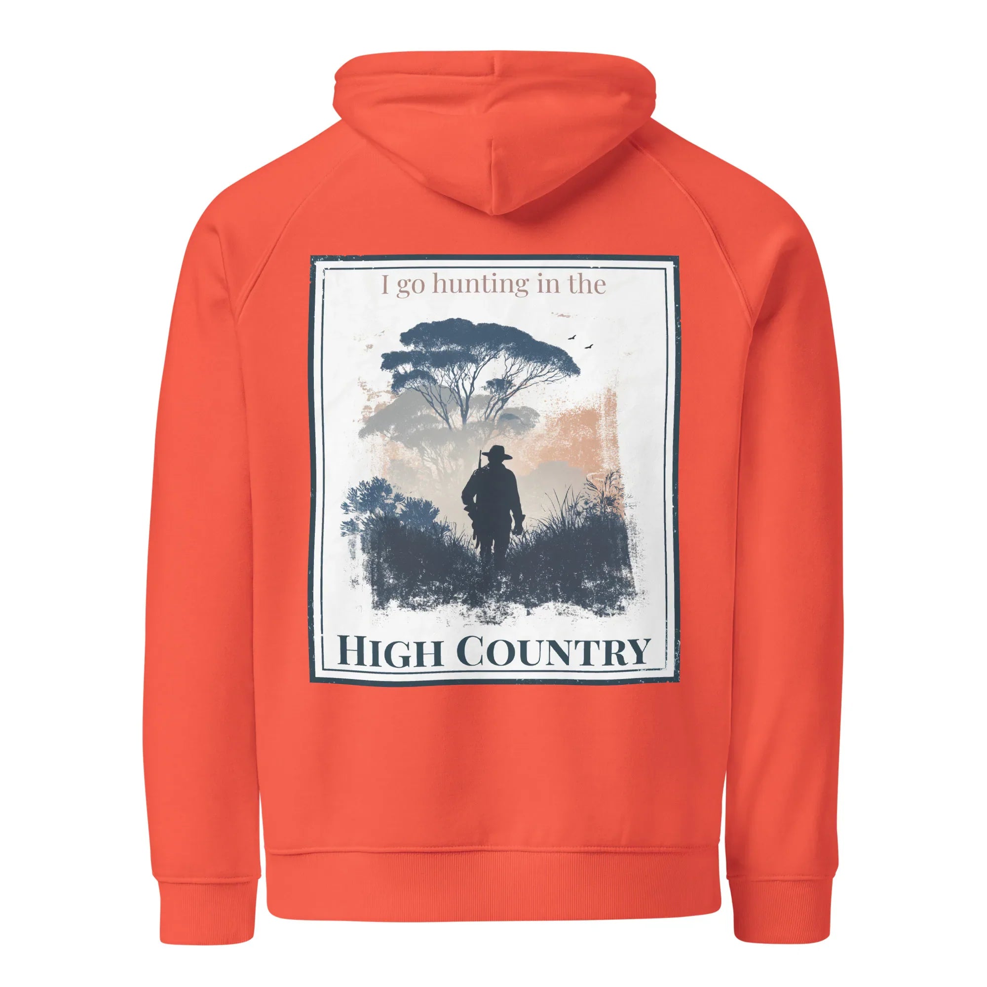 Burnt orange hoodie, back view with hood, front pocket, and square hunting-themed graphic
