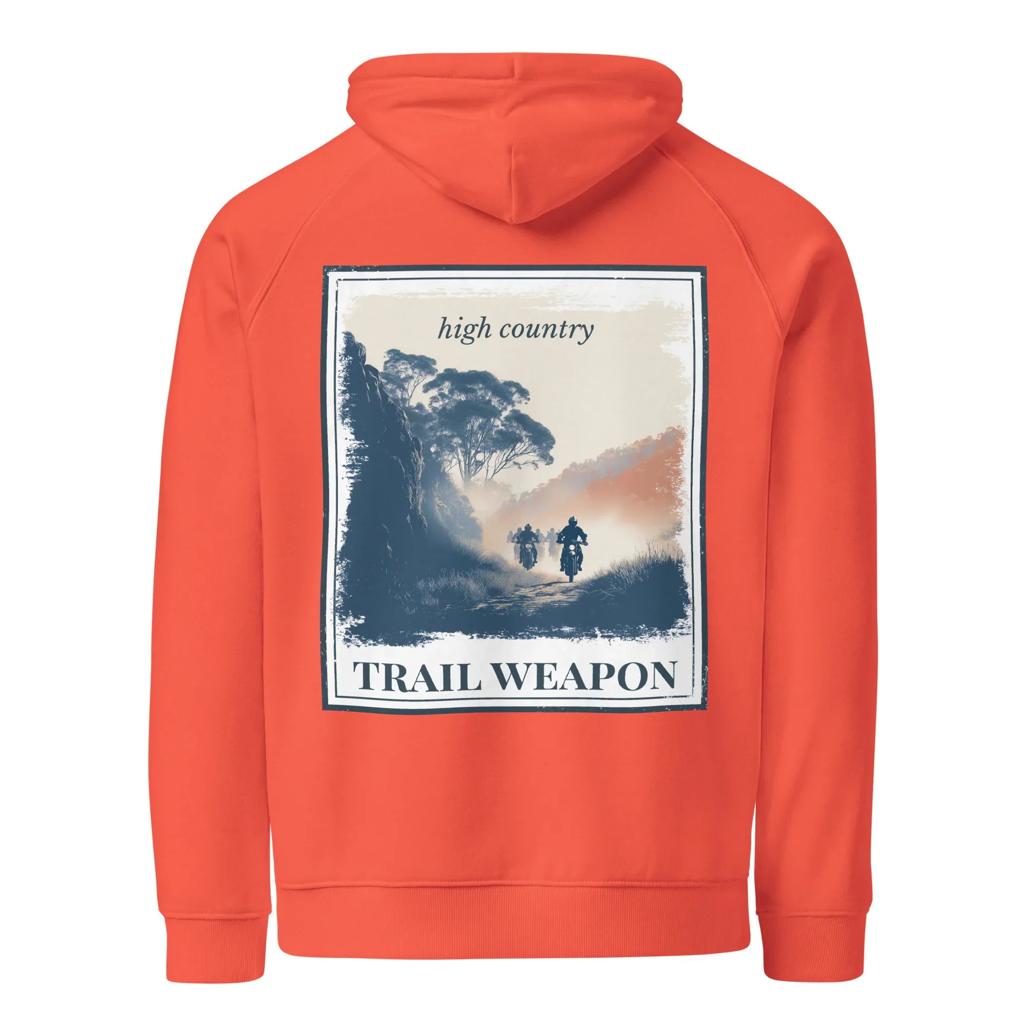 Eco hoodie in burnt orange with hood and kangaroo pocket, large back landscape graphic