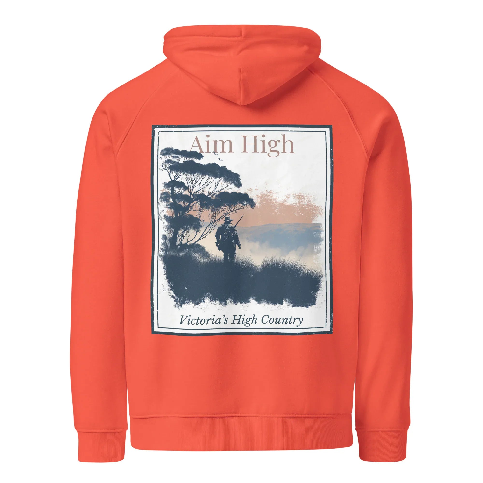 Burnt orange eco hoodie with large back graphic panel and drawstring hood