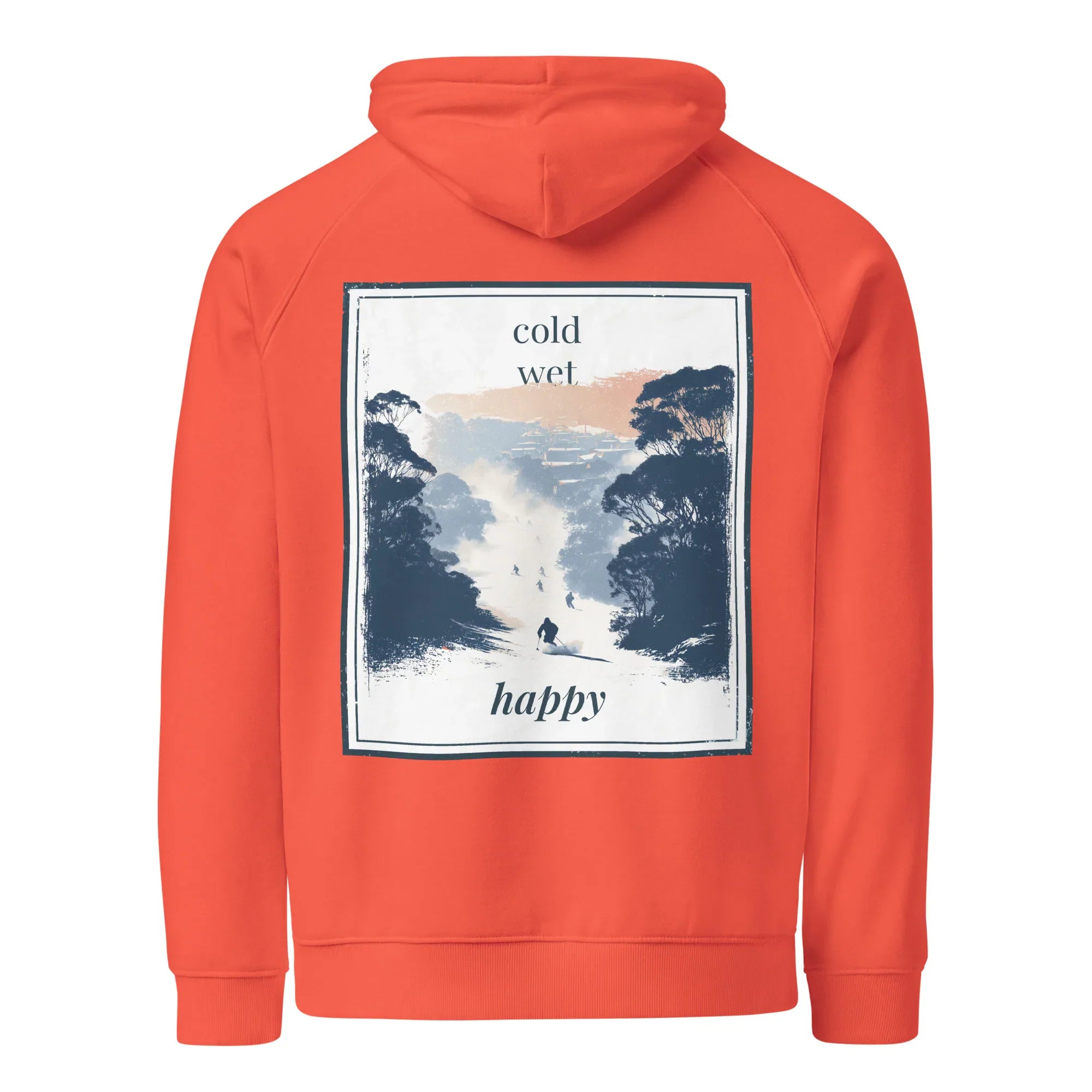 Burnt orange hoodie with large square cold wet happy graphic on back and drawstring hood