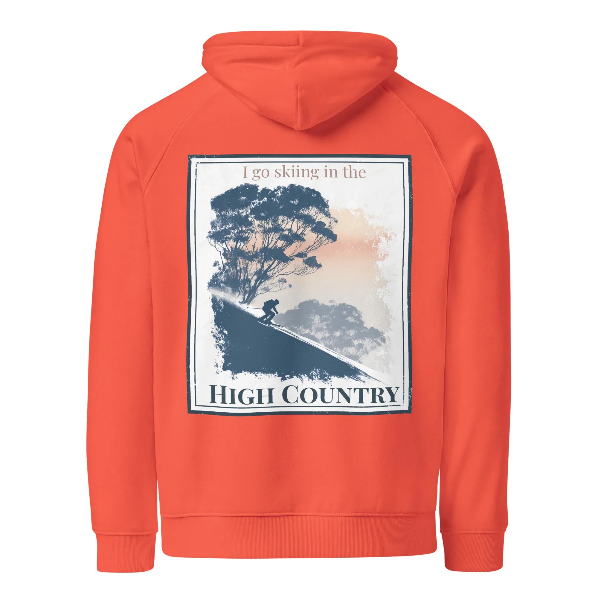 Burnt orange pullover hoodie with hood and front pocket, featuring a large back “High Country” print.