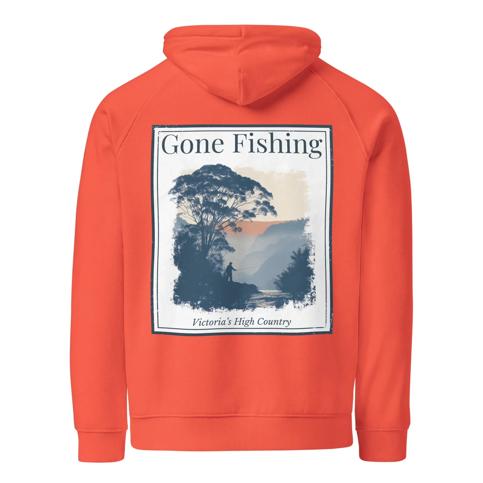 Eco hoodie in burnt orange with large back “Gone Fishing” print and hood.