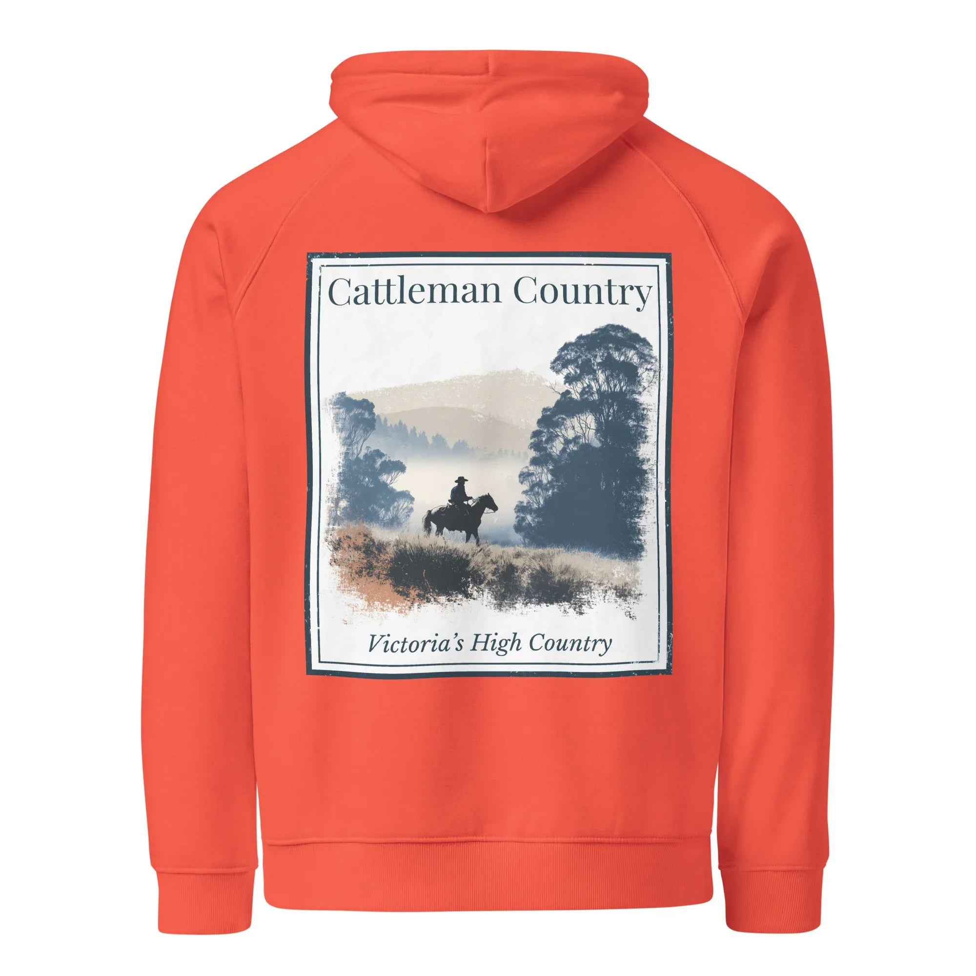 Burnt orange eco hoodie with large back graphic print, hood, and kangaroo pocket