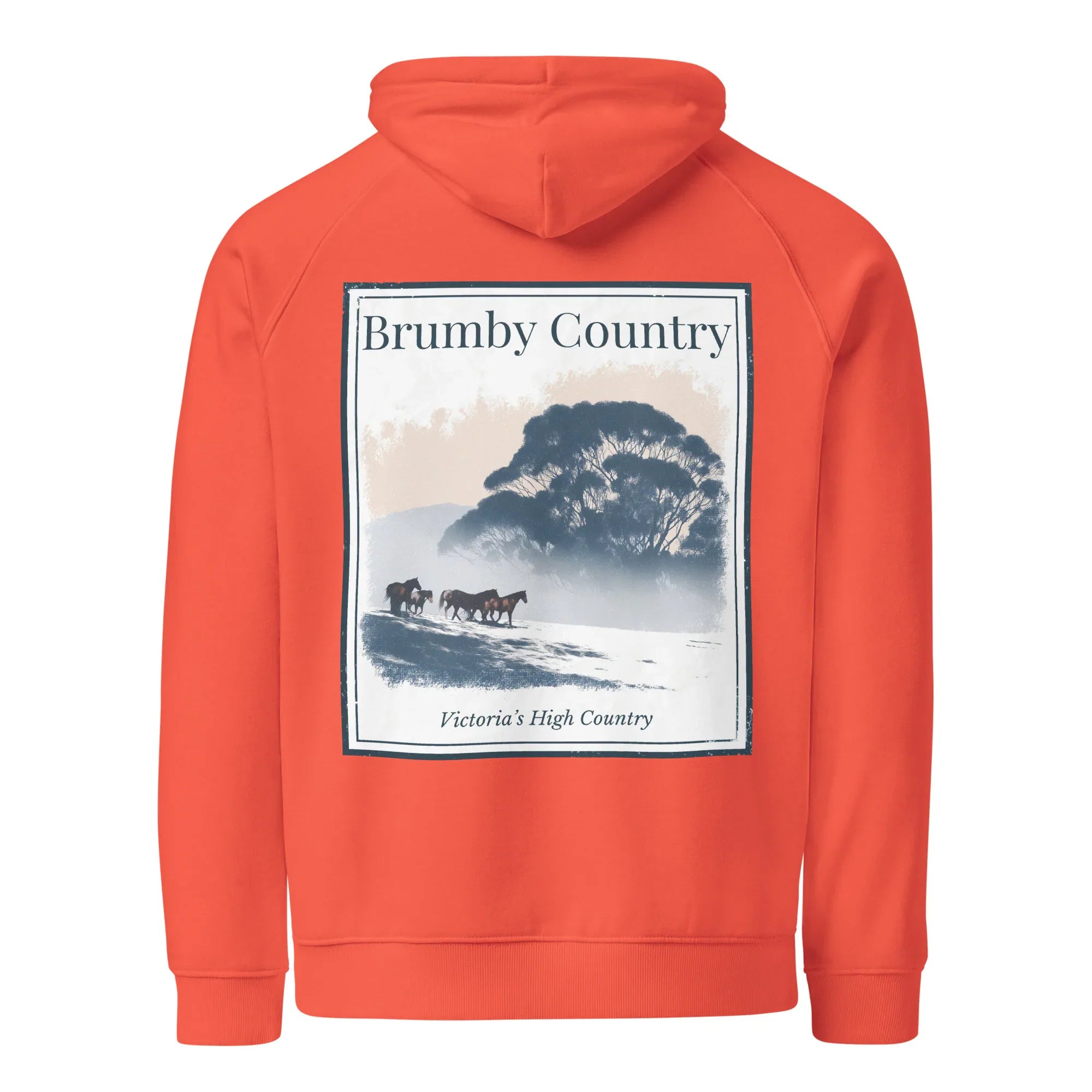 Burnt orange eco hoodie with large back graphic print and Brumby Country text