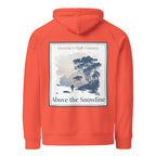 Eco hoodie, burnt orange, front square graphic print with trees and text 'Above the Snowline'