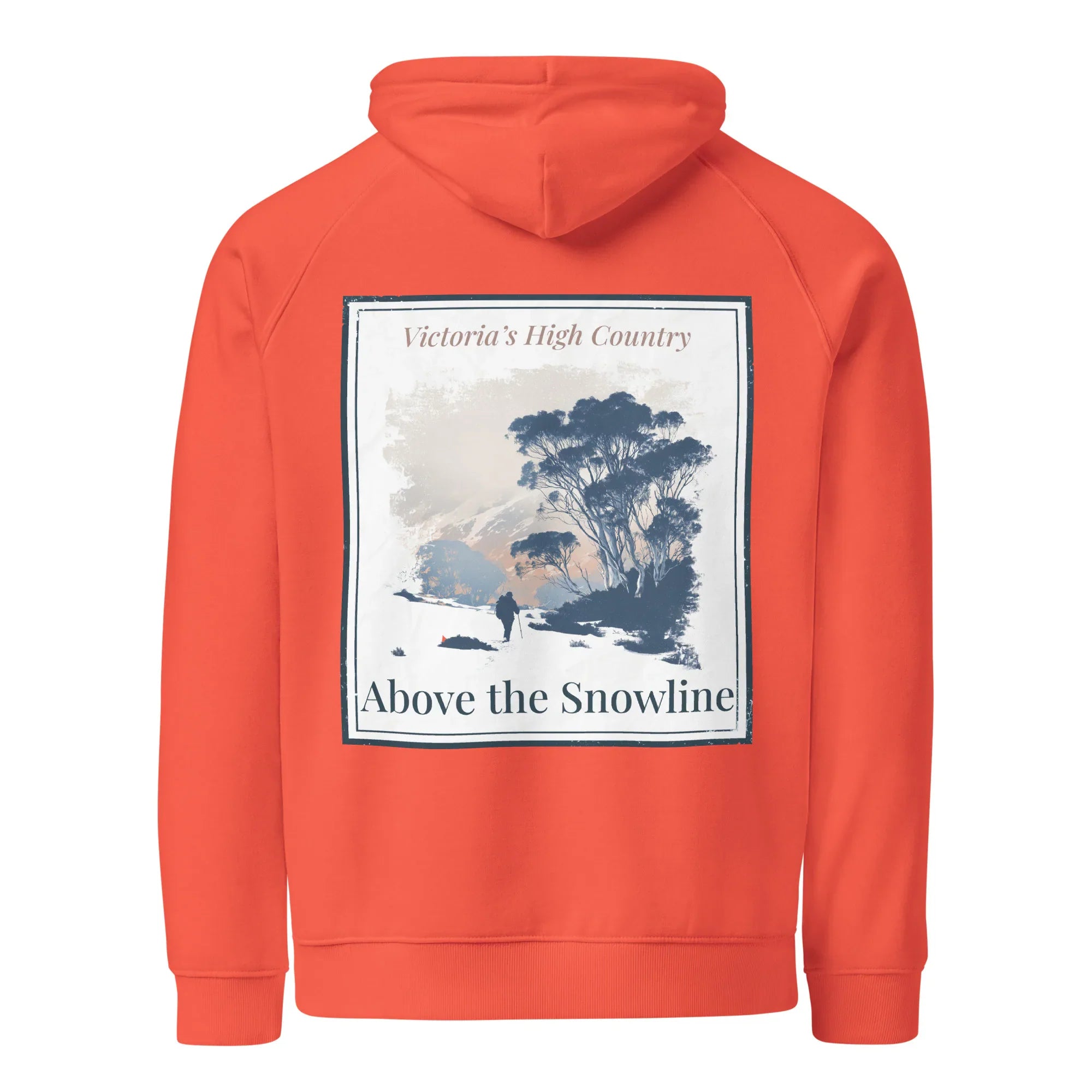 Eco hoodie, burnt orange, front square graphic print with trees and text 'Above the Snowline'