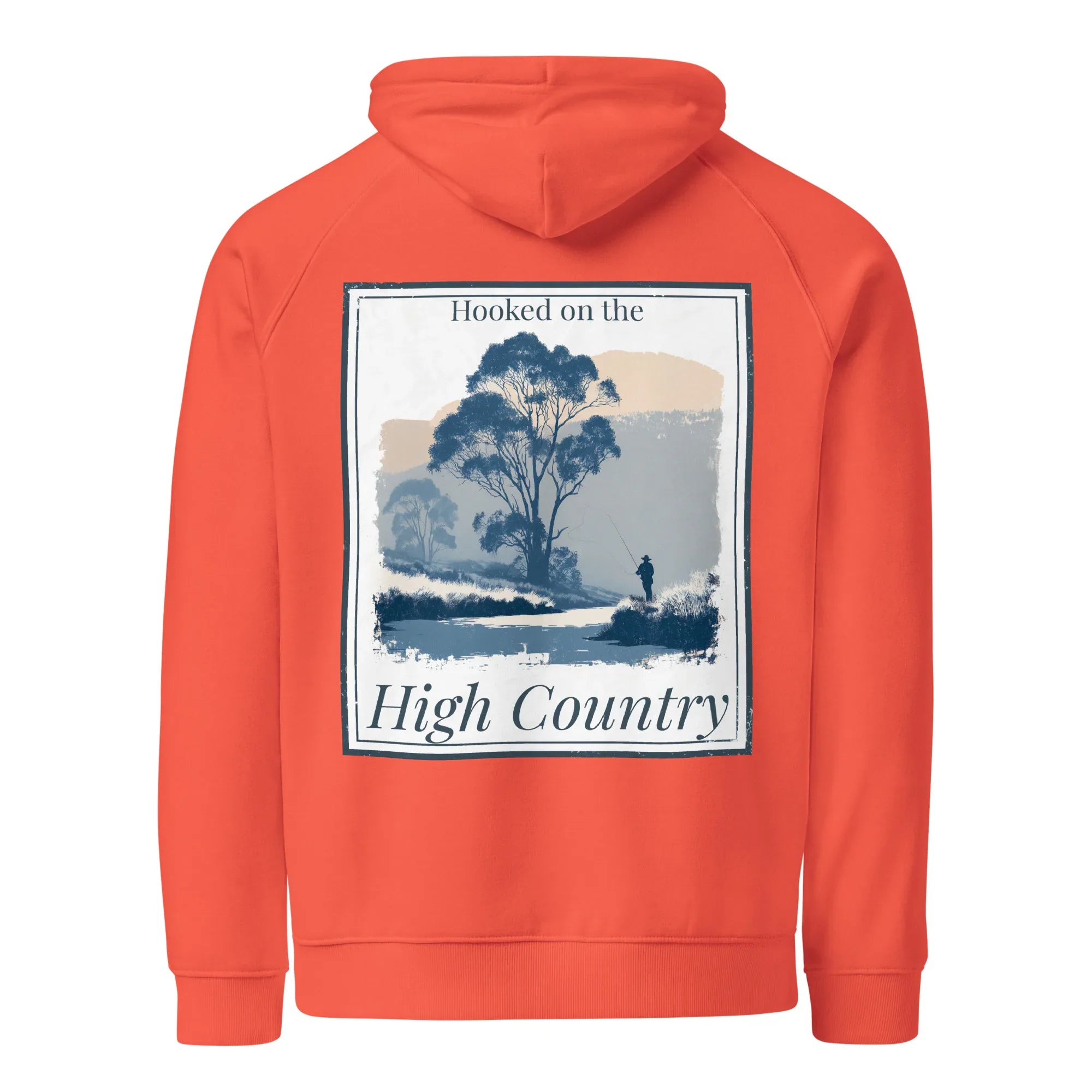 Burnt orange hoodie with hood and large back “High Country” graphic