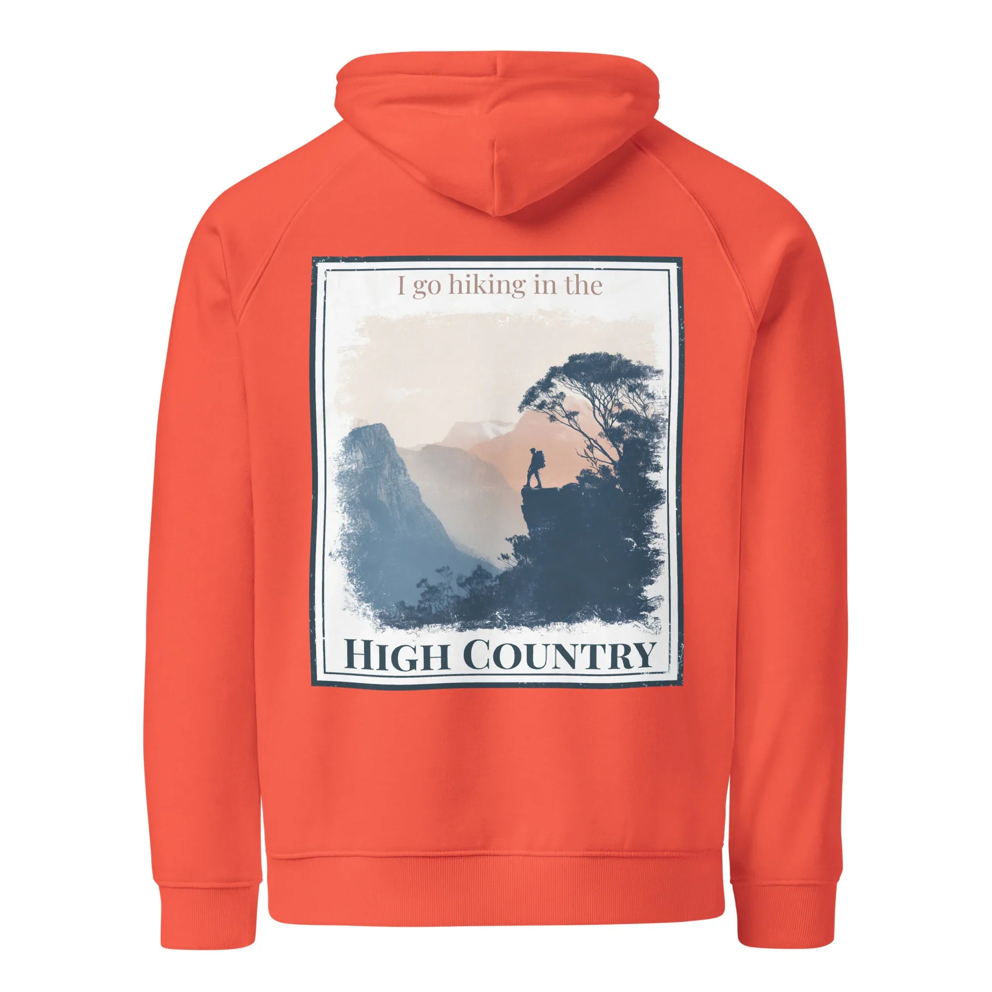 Burnt orange hoodie with central 'High Country' graphic and hood drawstring