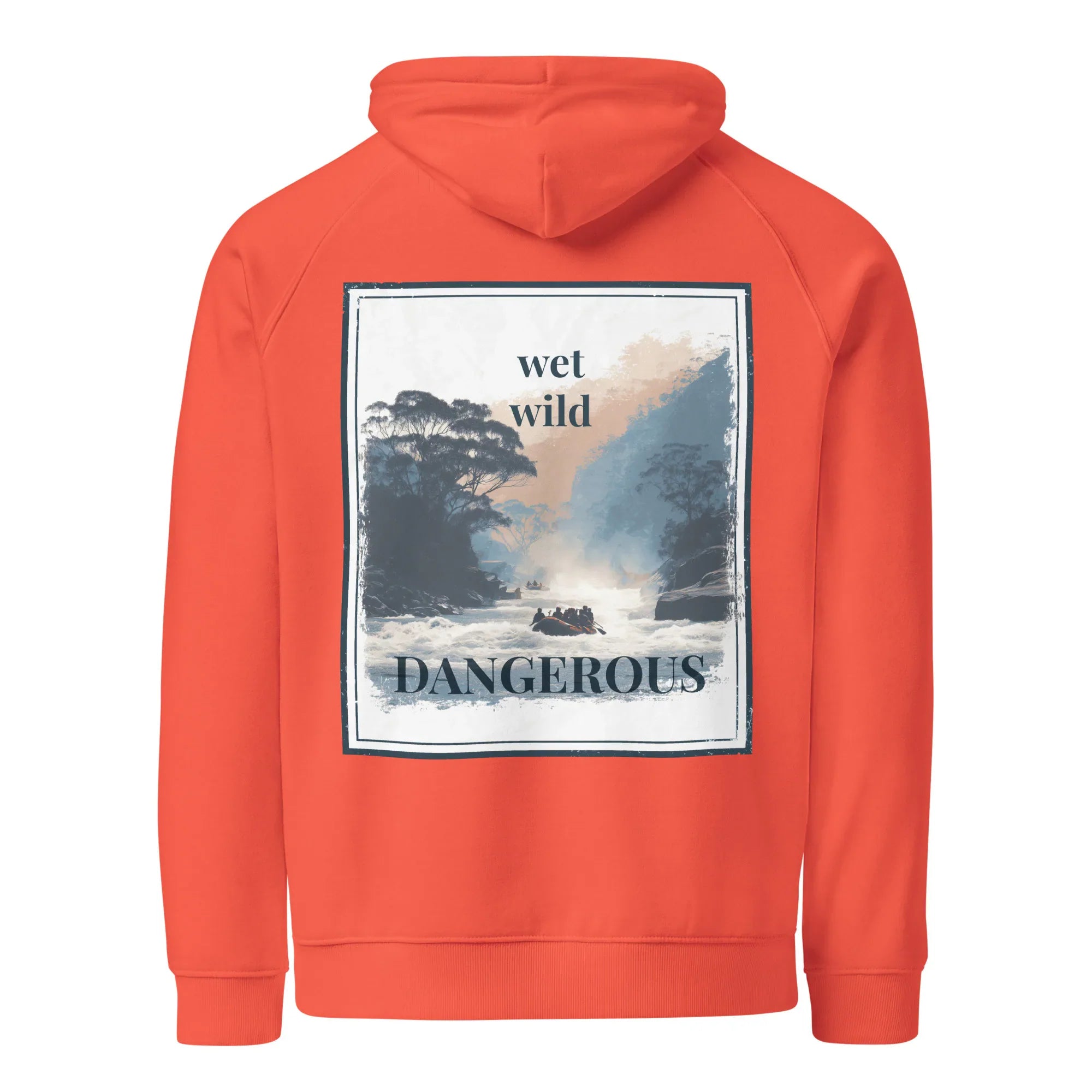 Burnt orange hoodie with back graphic print inside square: wet wild, DANGEROUS