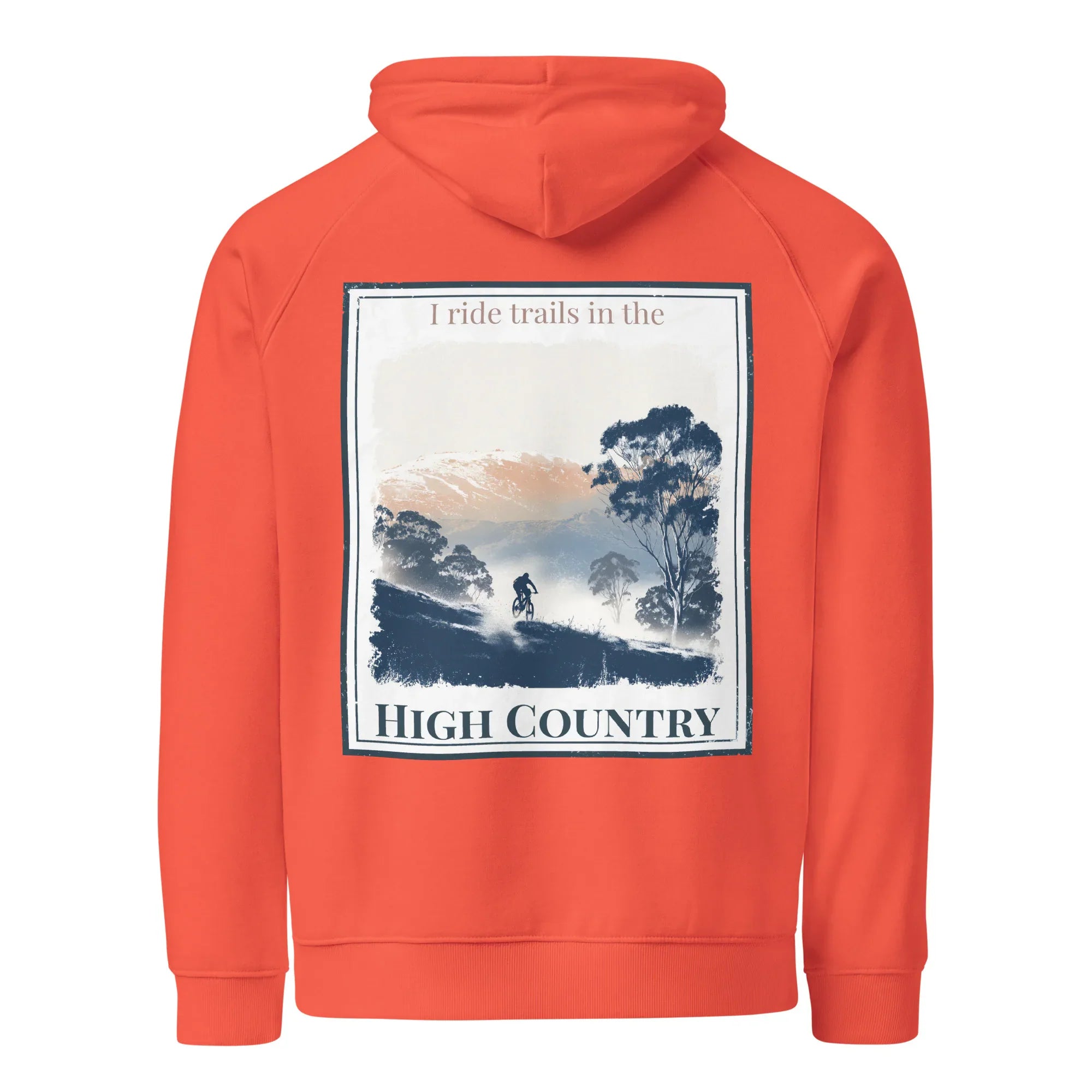 Burnt orange hoodie, back view, with square scenic graphic and “High Country” text