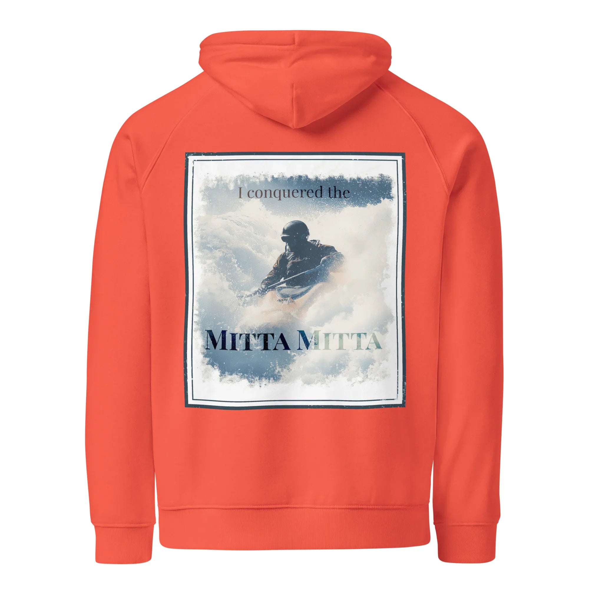 Burnt orange hoodie with front center square scenic graphic and drawstring hood