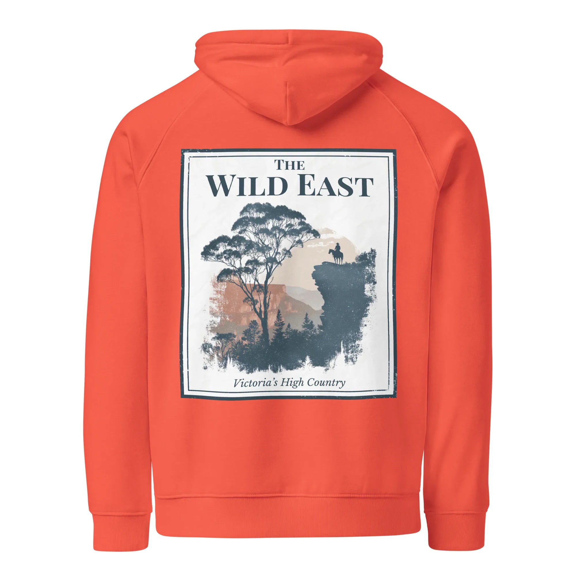 Burnt orange eco hoodie with large square Wild East back graphic and trees print