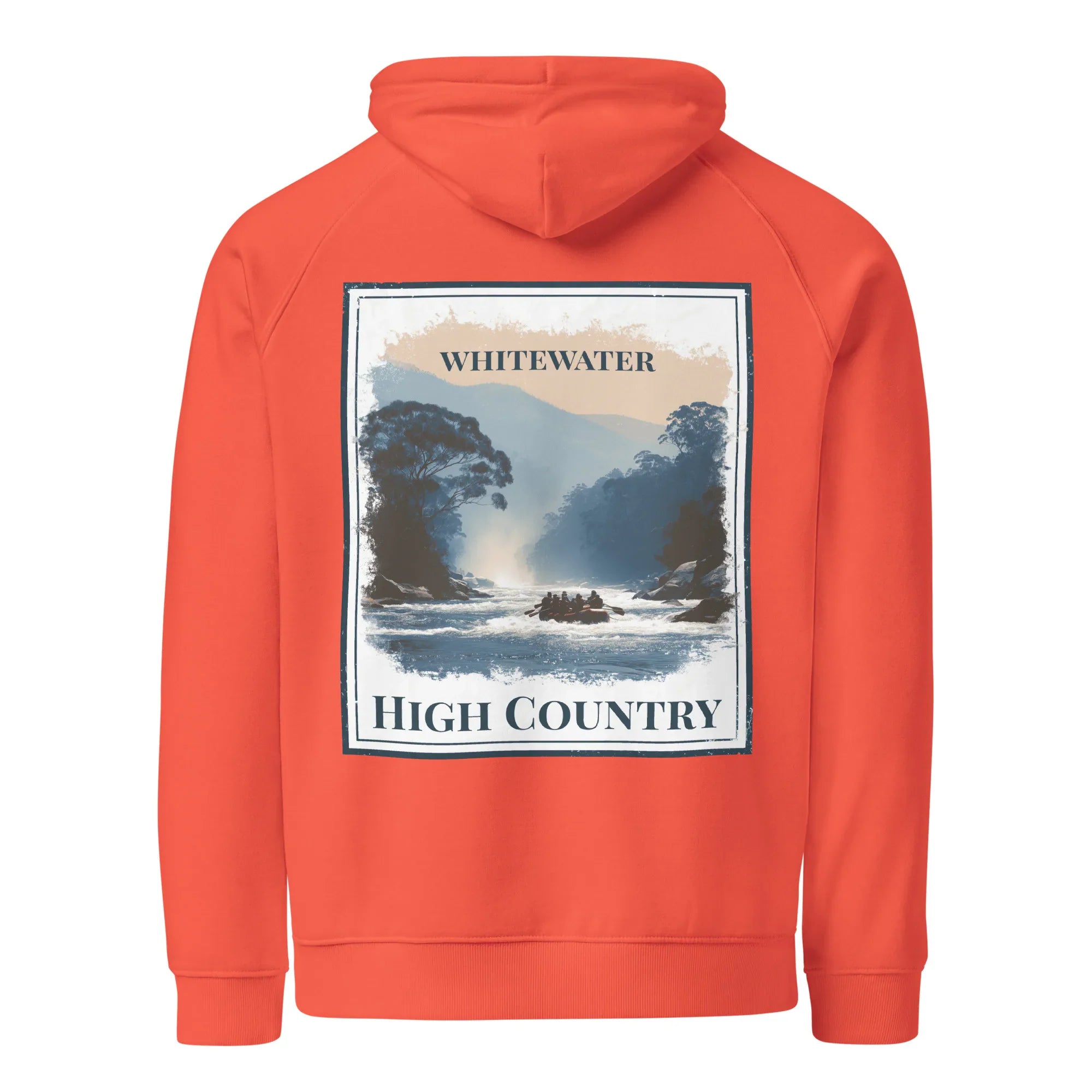 Eco hoodie in burnt orange, back view, with “WHITEWATER” and “HIGH COUNTRY” print