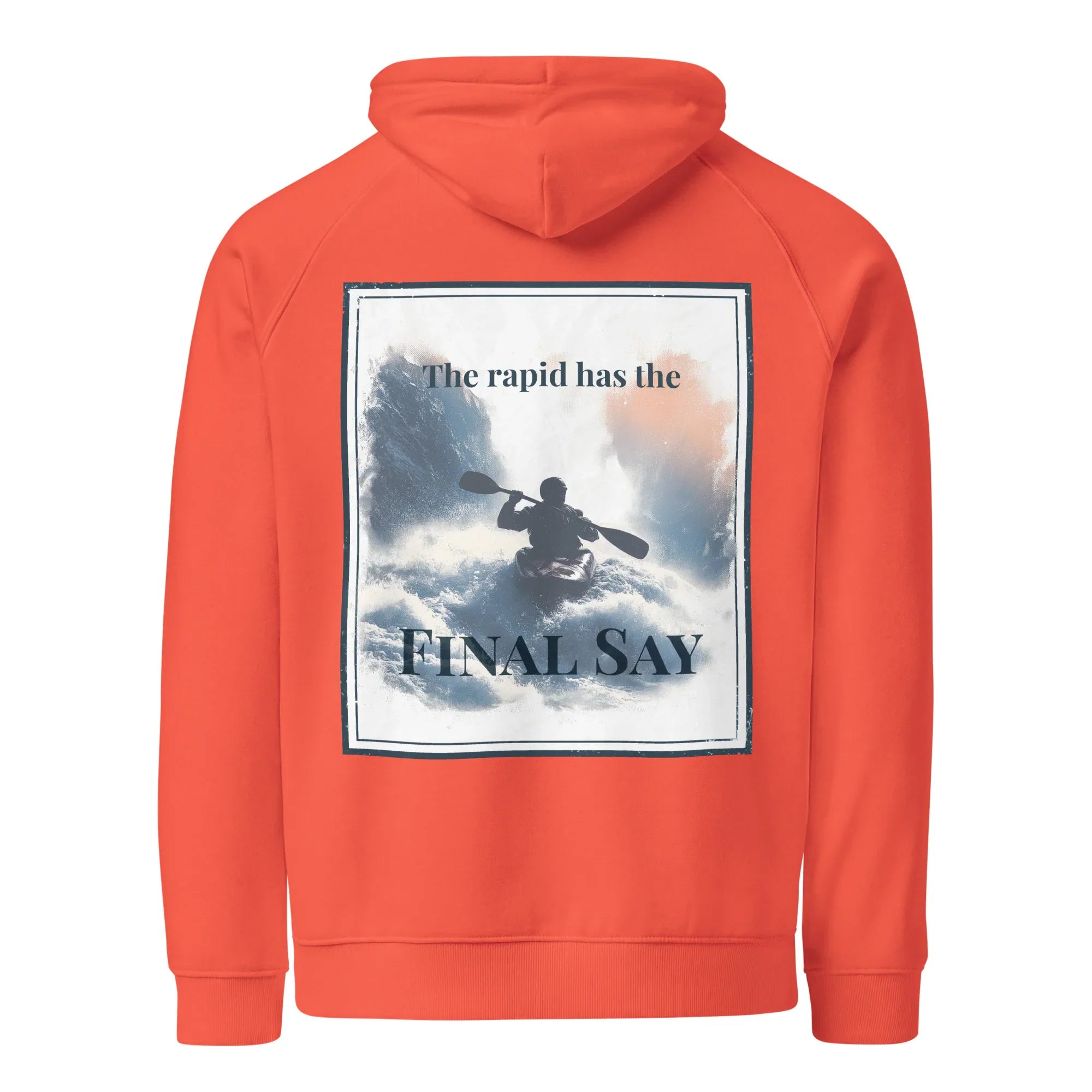 Burnt orange eco hoodie with hood, kangaroo pocket, and back graphic print