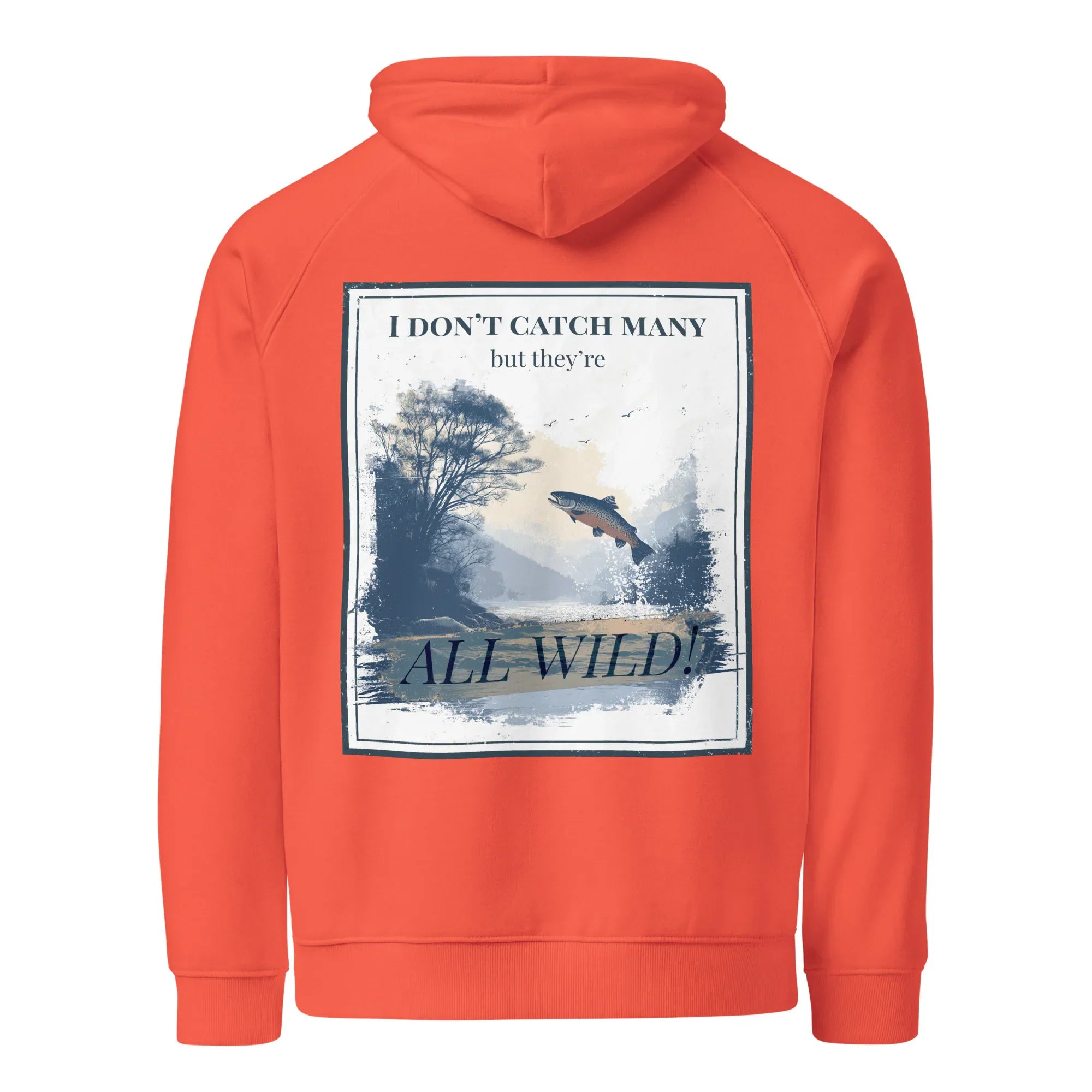 Burnt orange hoodie with centered back rectangular nature graphic and hood