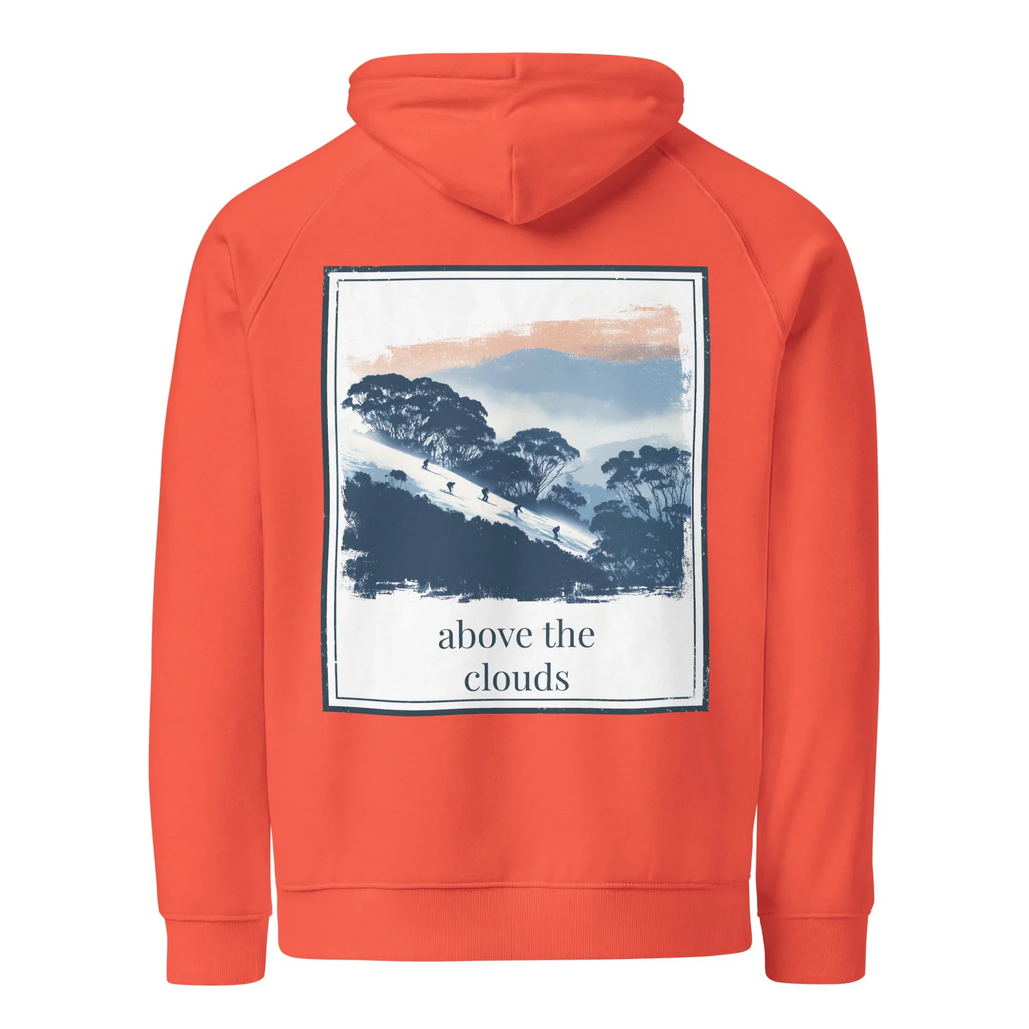 Burnt orange hoodie with hood and large back square graphic print, 'above the clouds'.