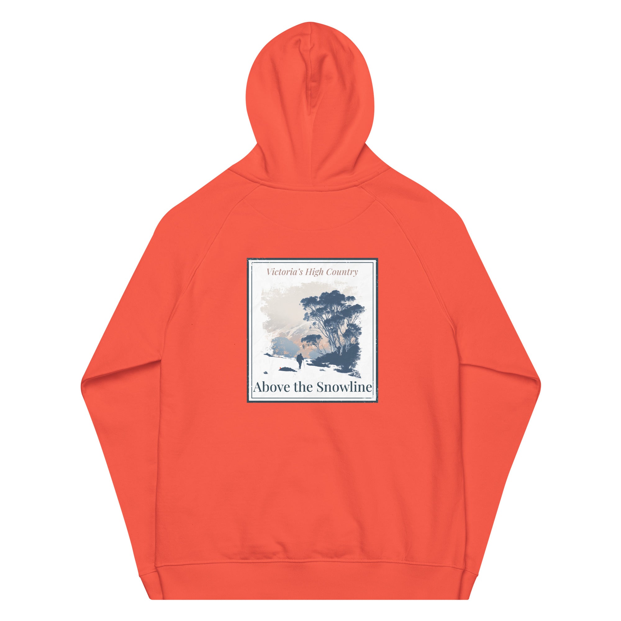 Burnt orange hoodie back with hood and framed "Above the Snowline" graphic print