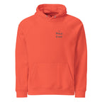 Coral pullover hoodie with kangaroo pocket, hood drawstrings, and 'The Wild East' chest print